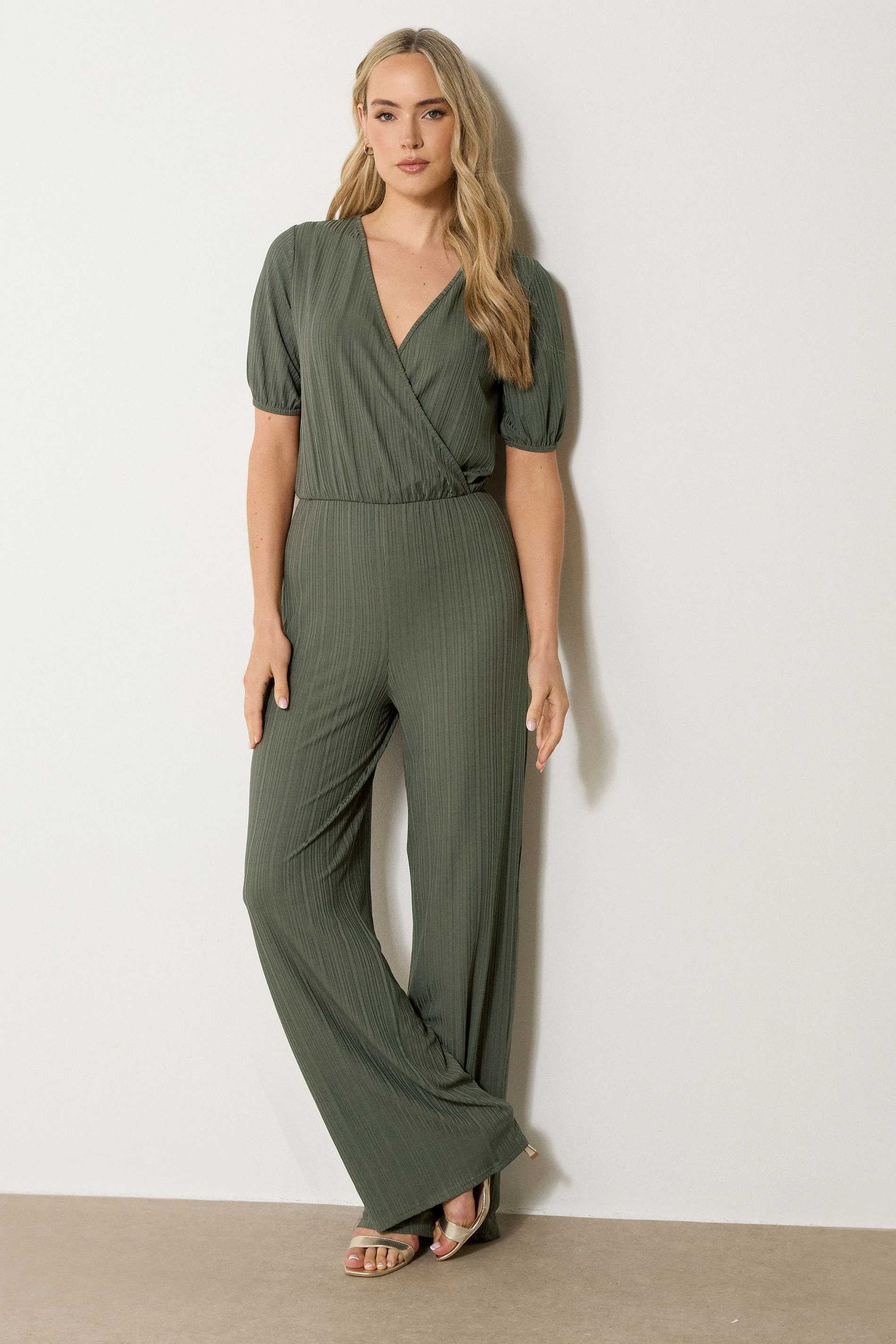 LTS Tall Khaki Green Ribbed Wrap Jumpsuit | Long Tall Sally 1