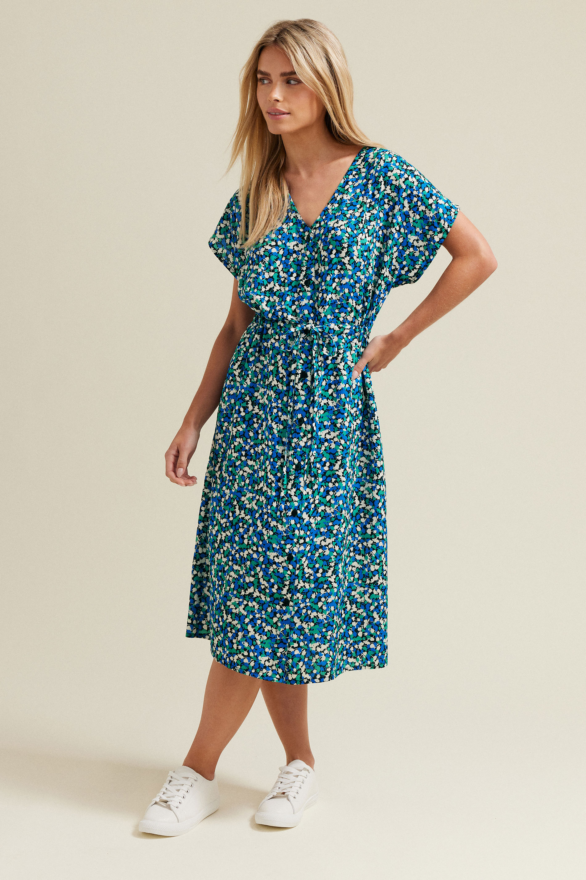 M&Co Petite Navy Blue Floral Print Belted Midi Dress | M&Co 1