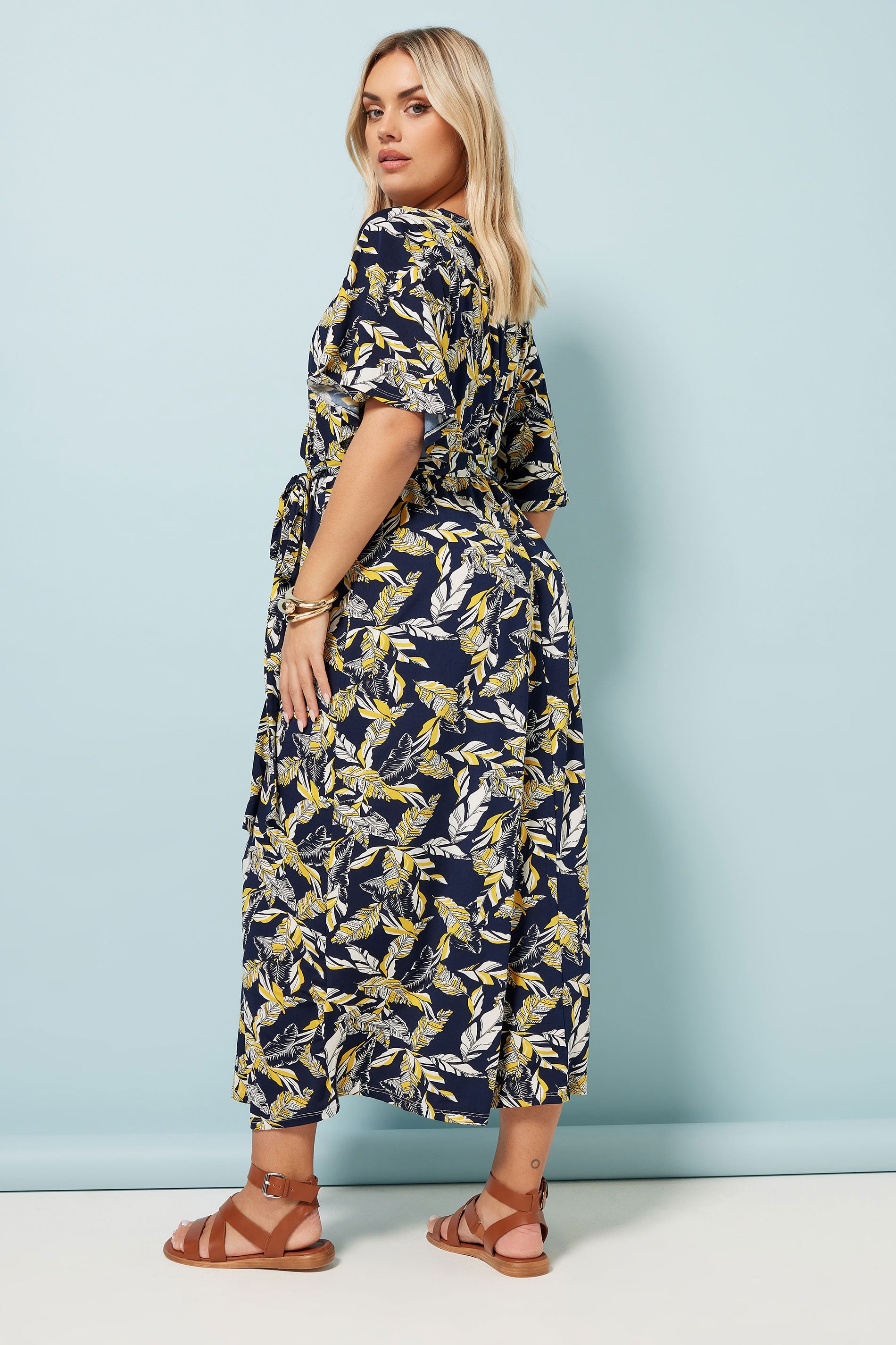YOURS Plus Size Navy Blue Leaf Print Wrap Maxi Dress | Yours Clothing 2