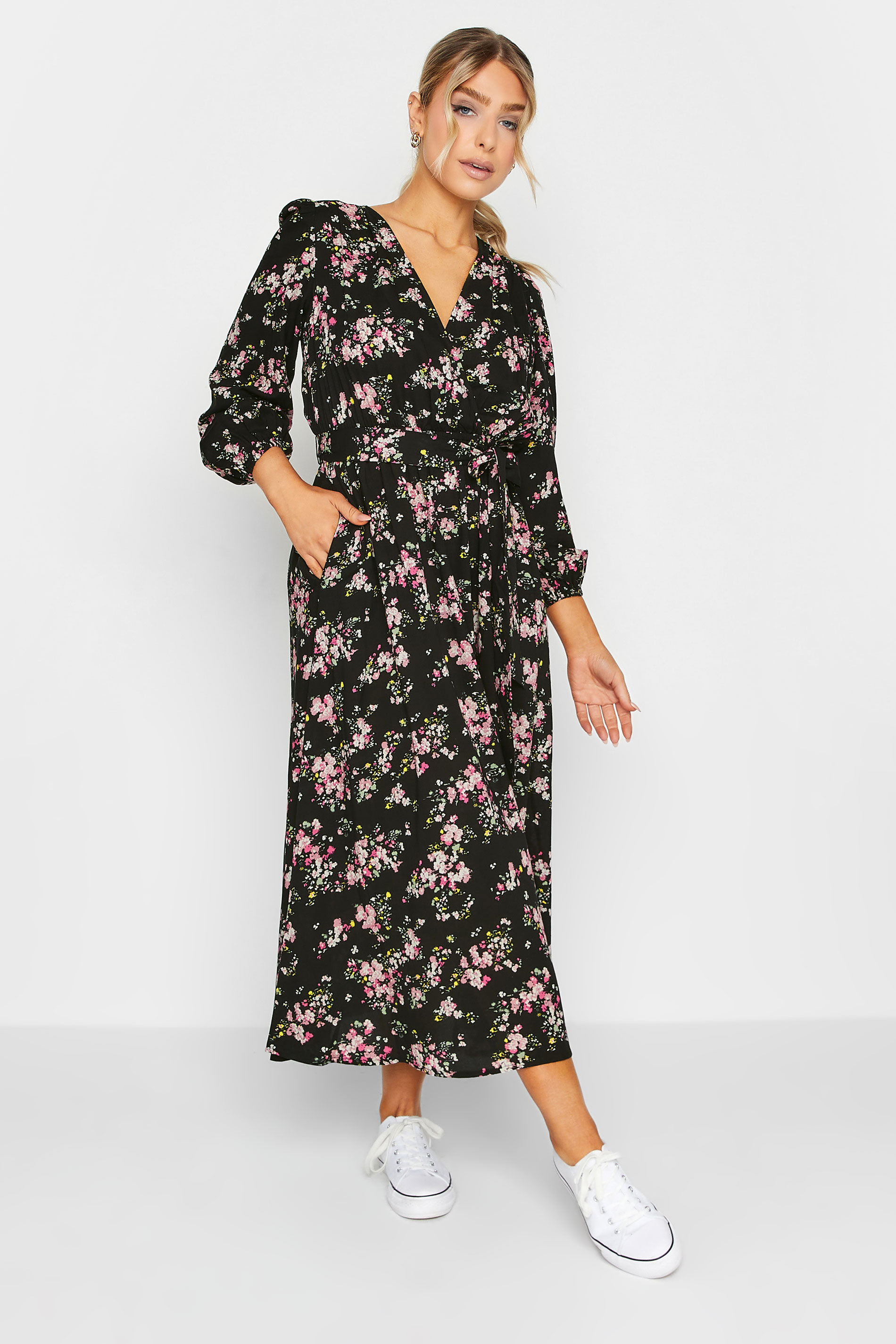 M&Co Black & Pink Floral Print Wrap Front Dress | M&Co  1