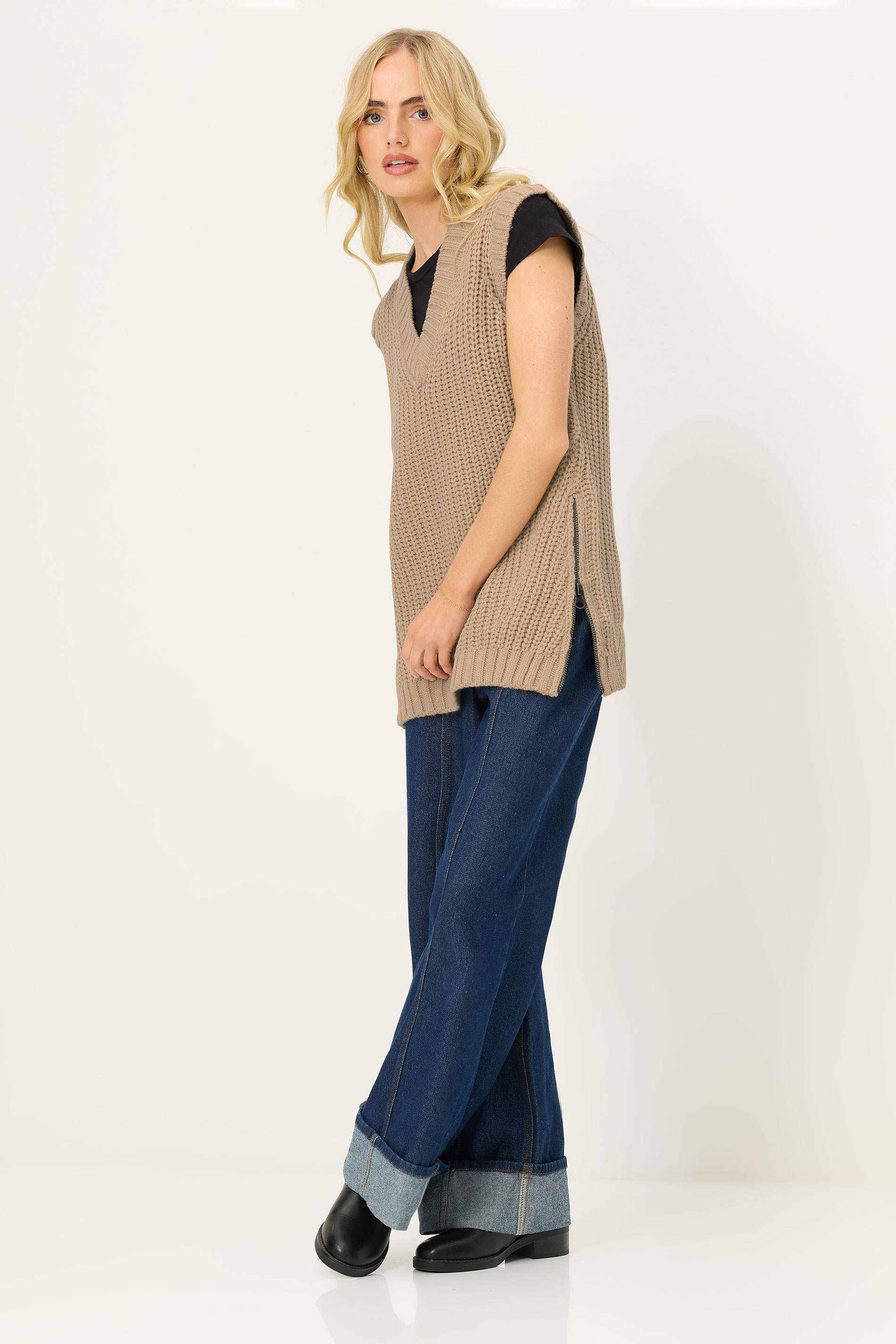 PixieGirl Petite Women's Beige Brown Knitted Sleeveless Jumper | PixieGirl 1
