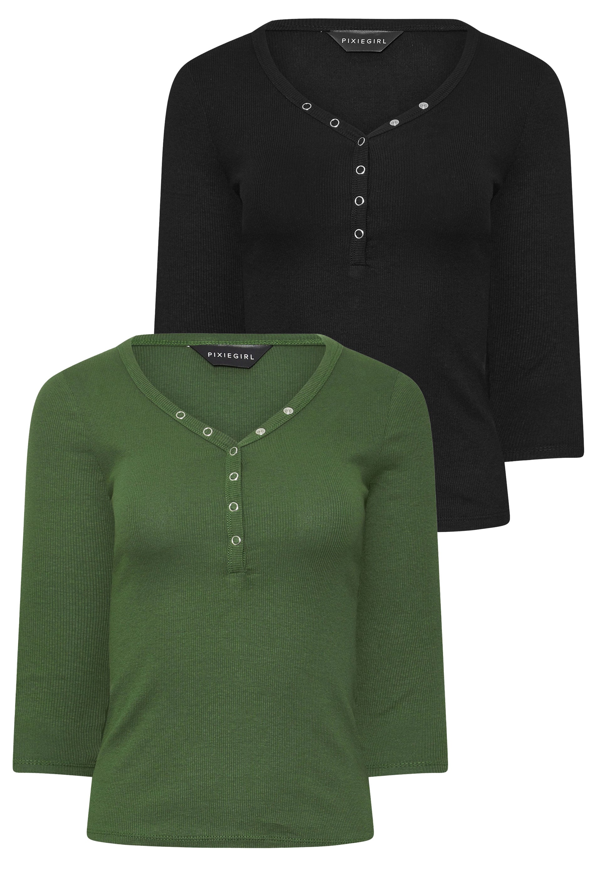 PixieGirl Petite Women's 2 PACK Black & Khaki Green Button Henley Tops | PixieGirl 3