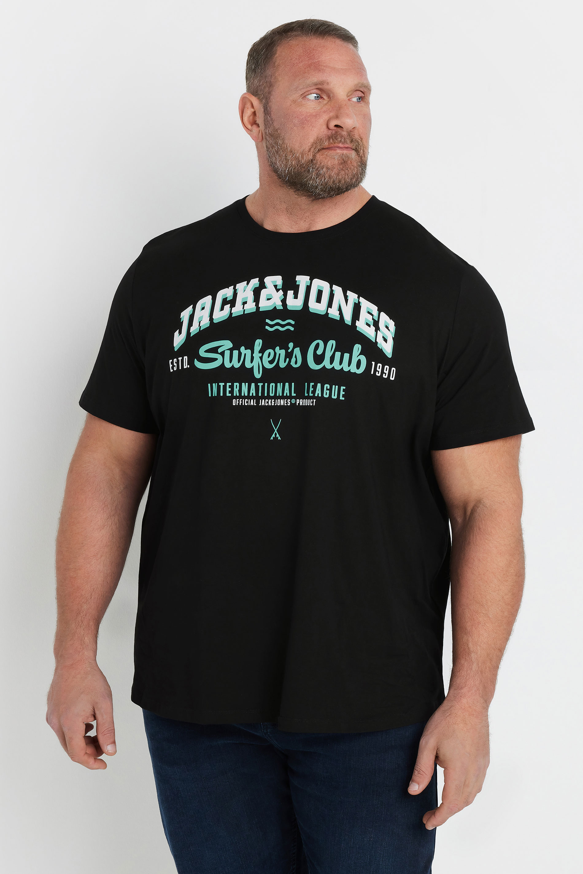 JACK & JONES Big & Tall Black 'Surfer's Club' Printed T-Shirt | BadRhino 1