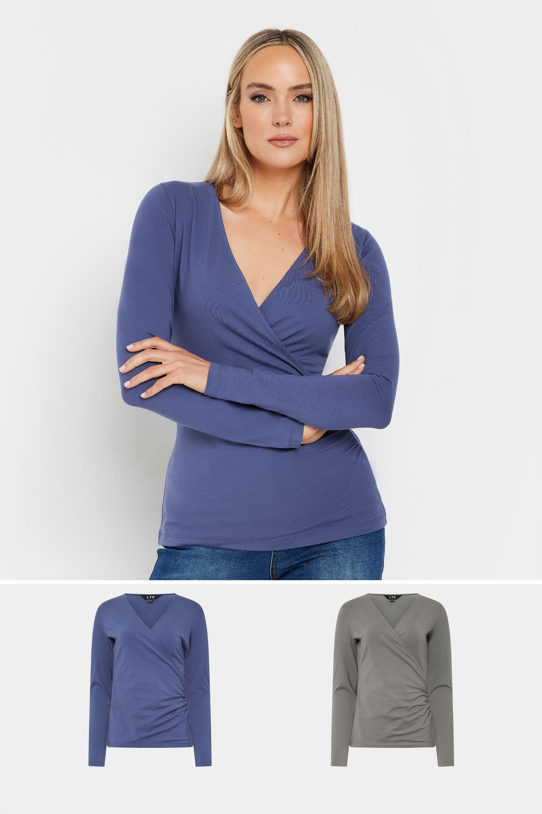 LTS Tall 2 PACK Navy Blue & Grey Wrap Tops | Long Tall Sally 3