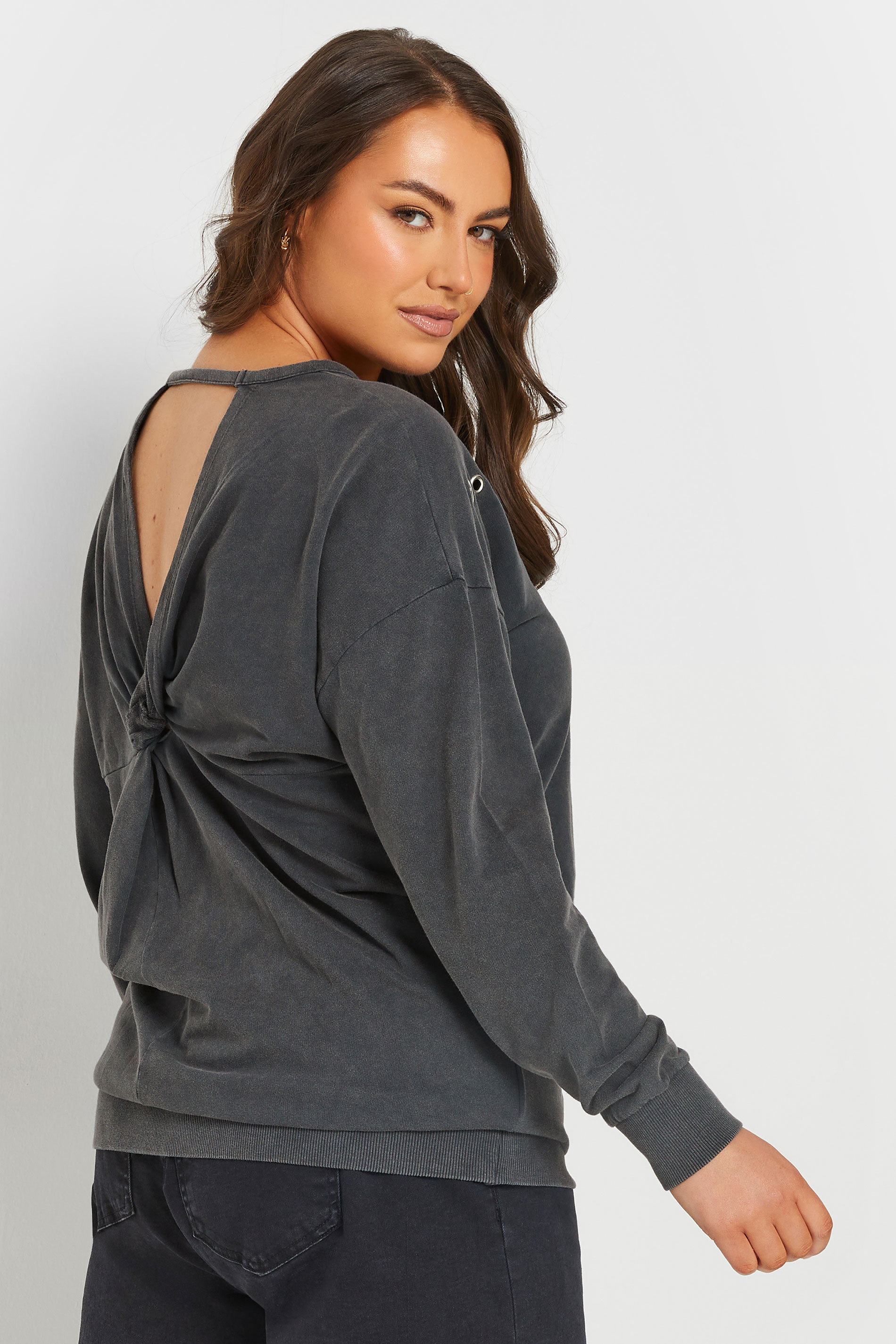 YOURS Plus Size Grey Acid Wash Eyelet Sweatshirt | Yours Clothing 2