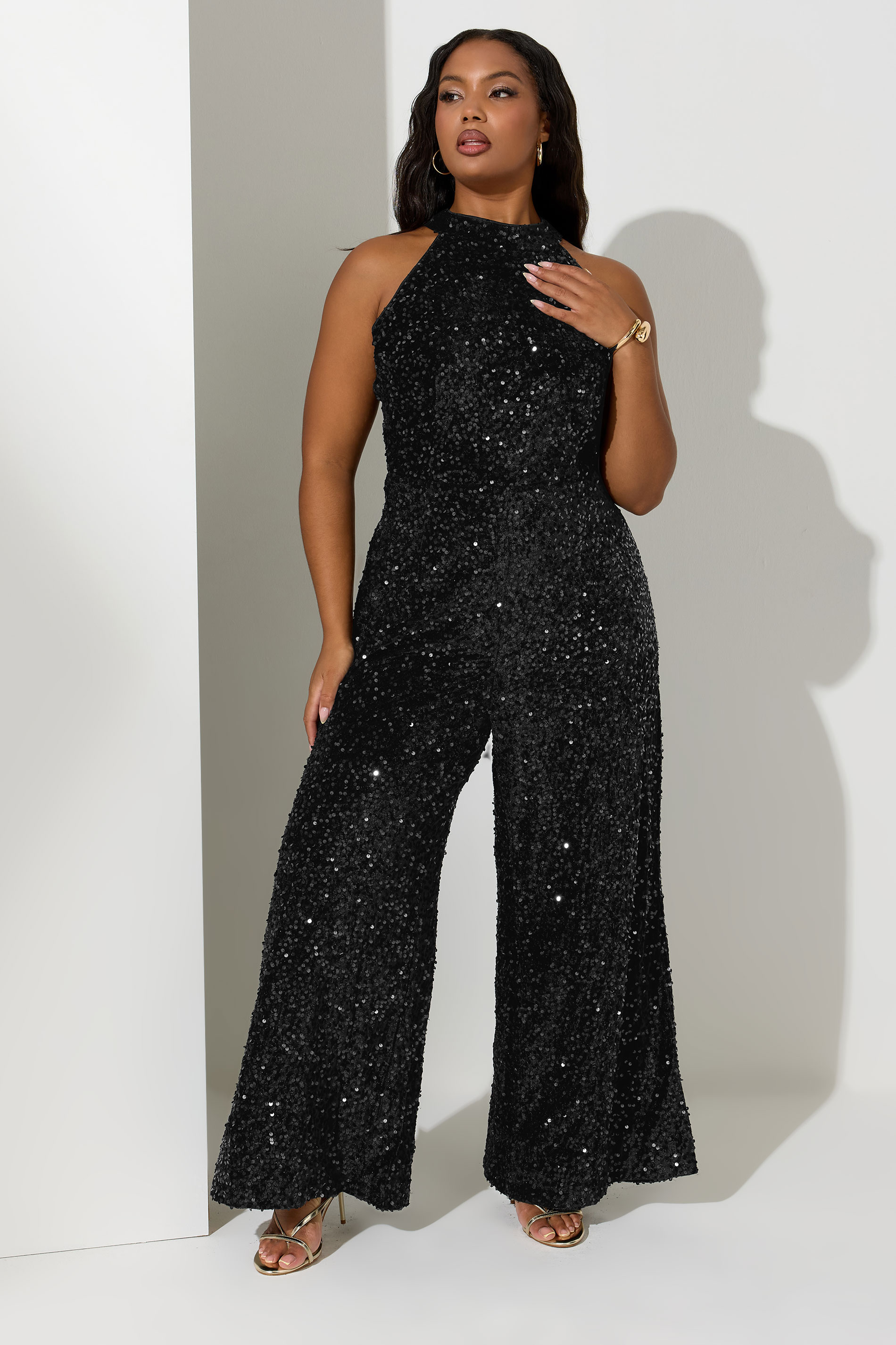 YOURS LONDON Plus Size Black Sequin Velvet Jumpsuit | Yours Clothing 2