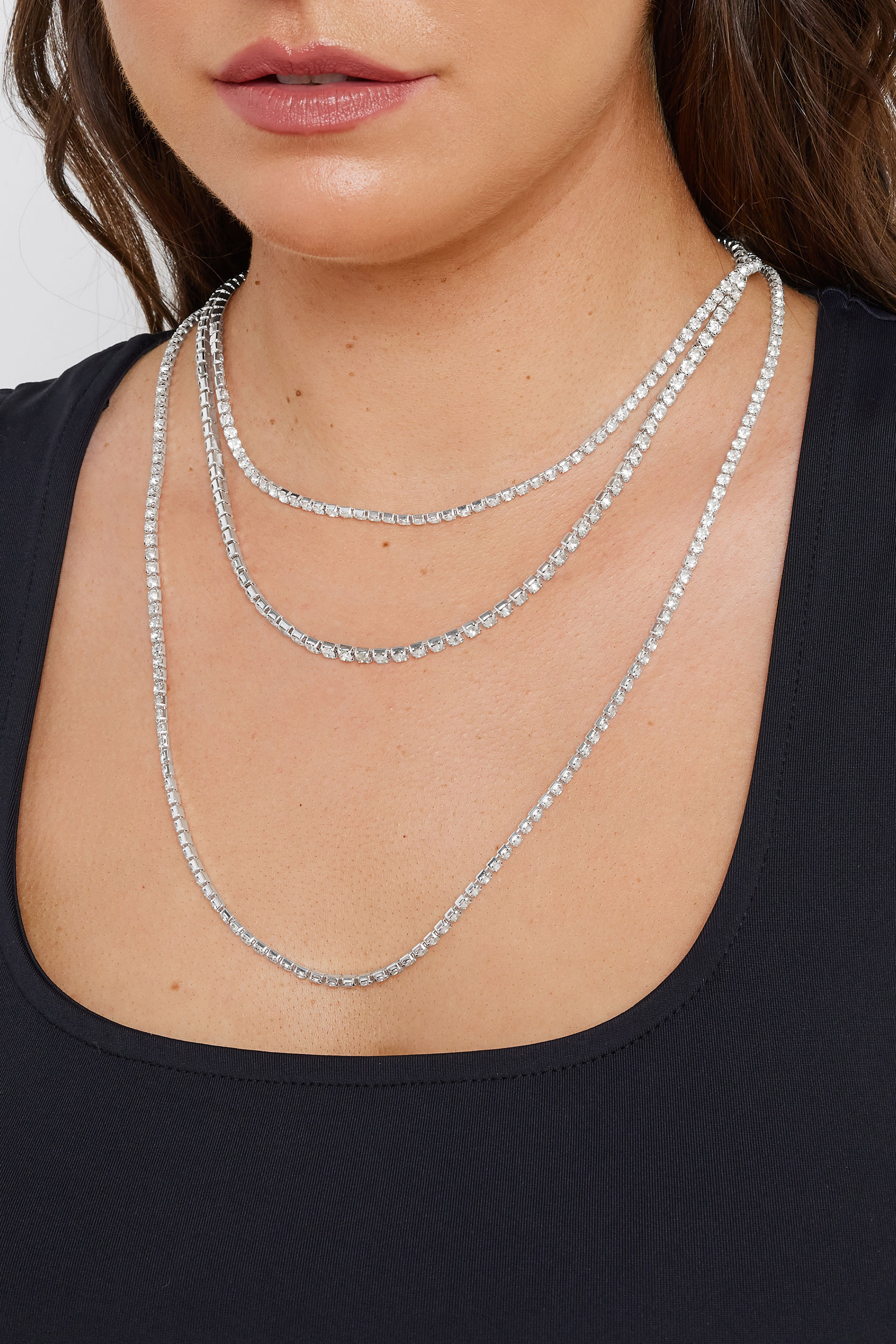Women's Silver Yours Tone Triple Layer Diamante Necklace Size One Size