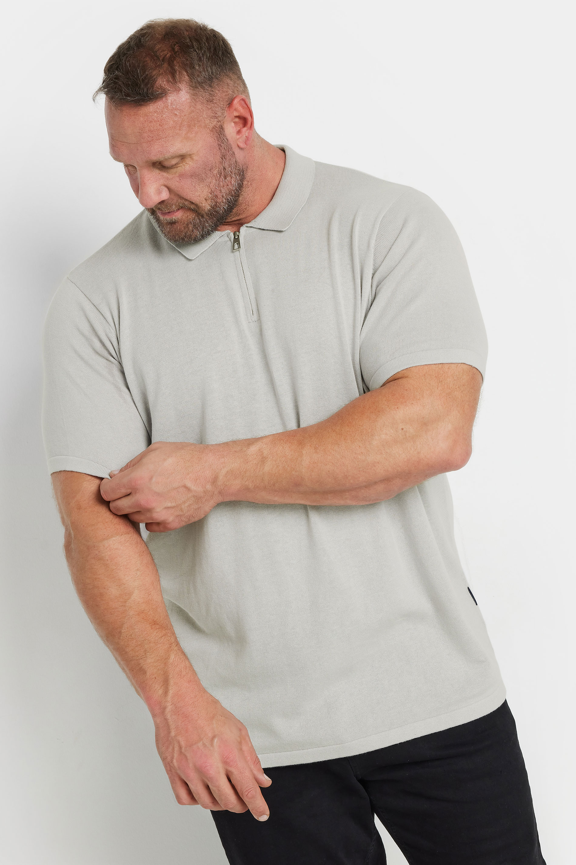BadRhino Big & Tall Grey Knitted Short Sleeve Zip Polo Shirt | BadRhino 3