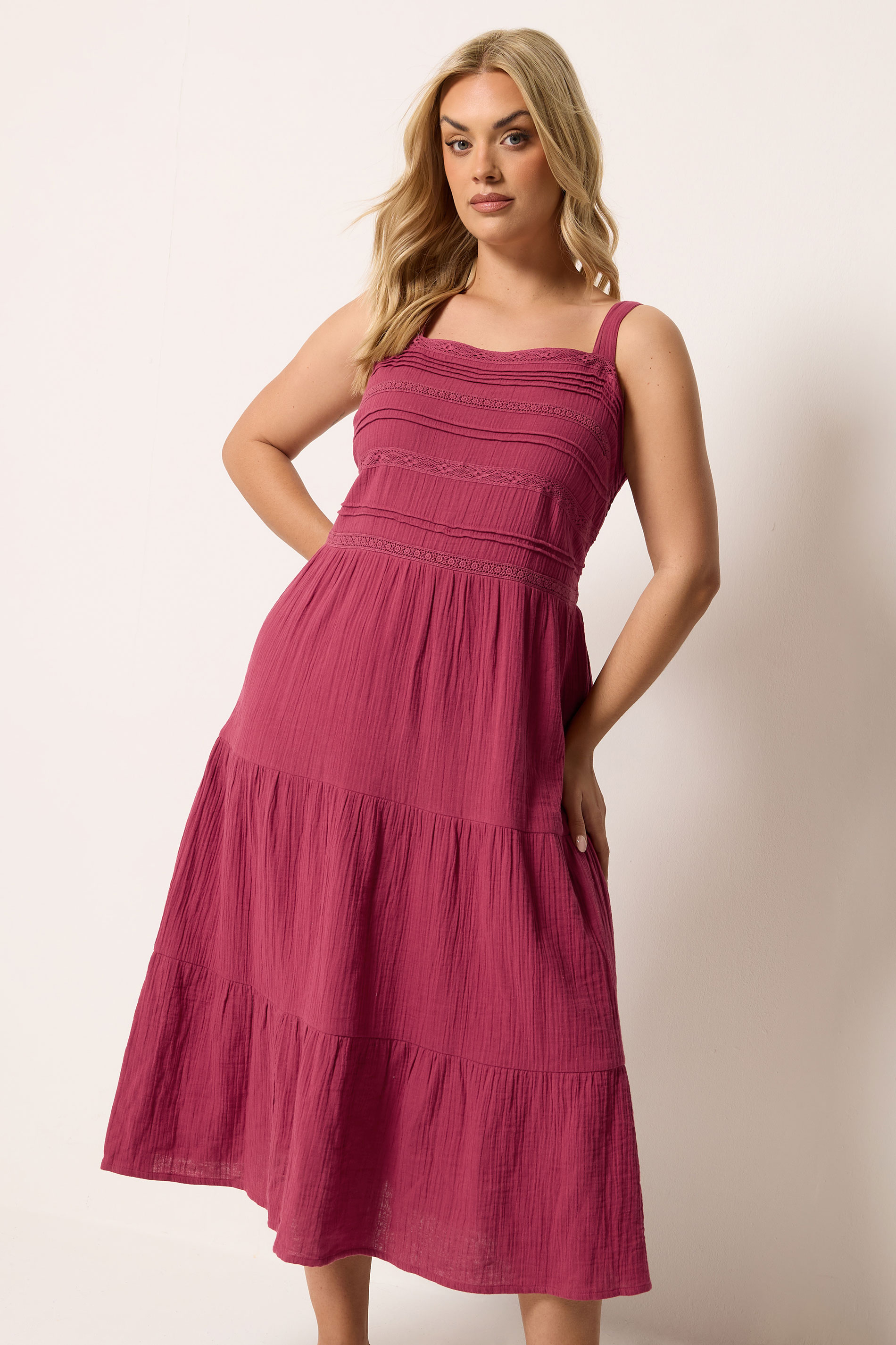 YOURS Plus Size Pink Cheesecloth Pleated Tiered Dress | Yours Clothing 1