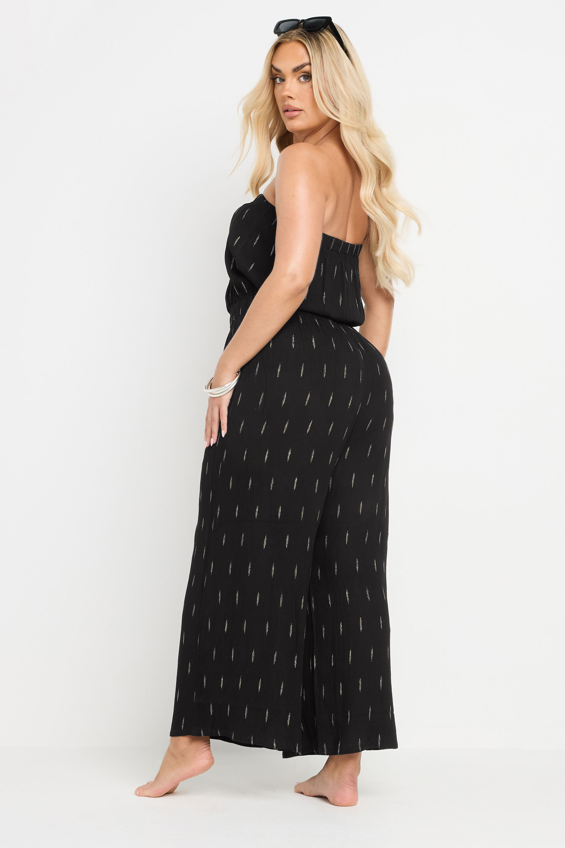YOURS Plus Size Black Metallic Bandeau Wide Leg Jumpsuit | Yours Clothing 2
