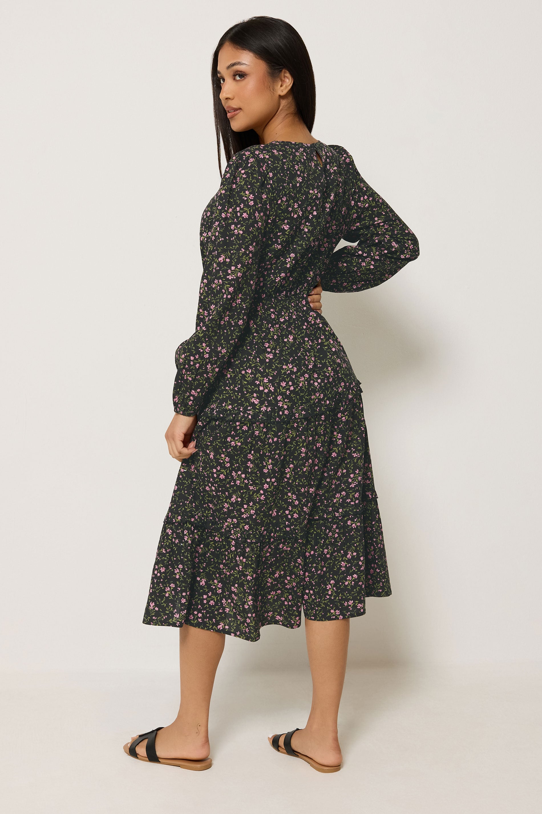 M&Co Petite Black Floral Long Sleeve Ruffle Dress | M&Co 2
