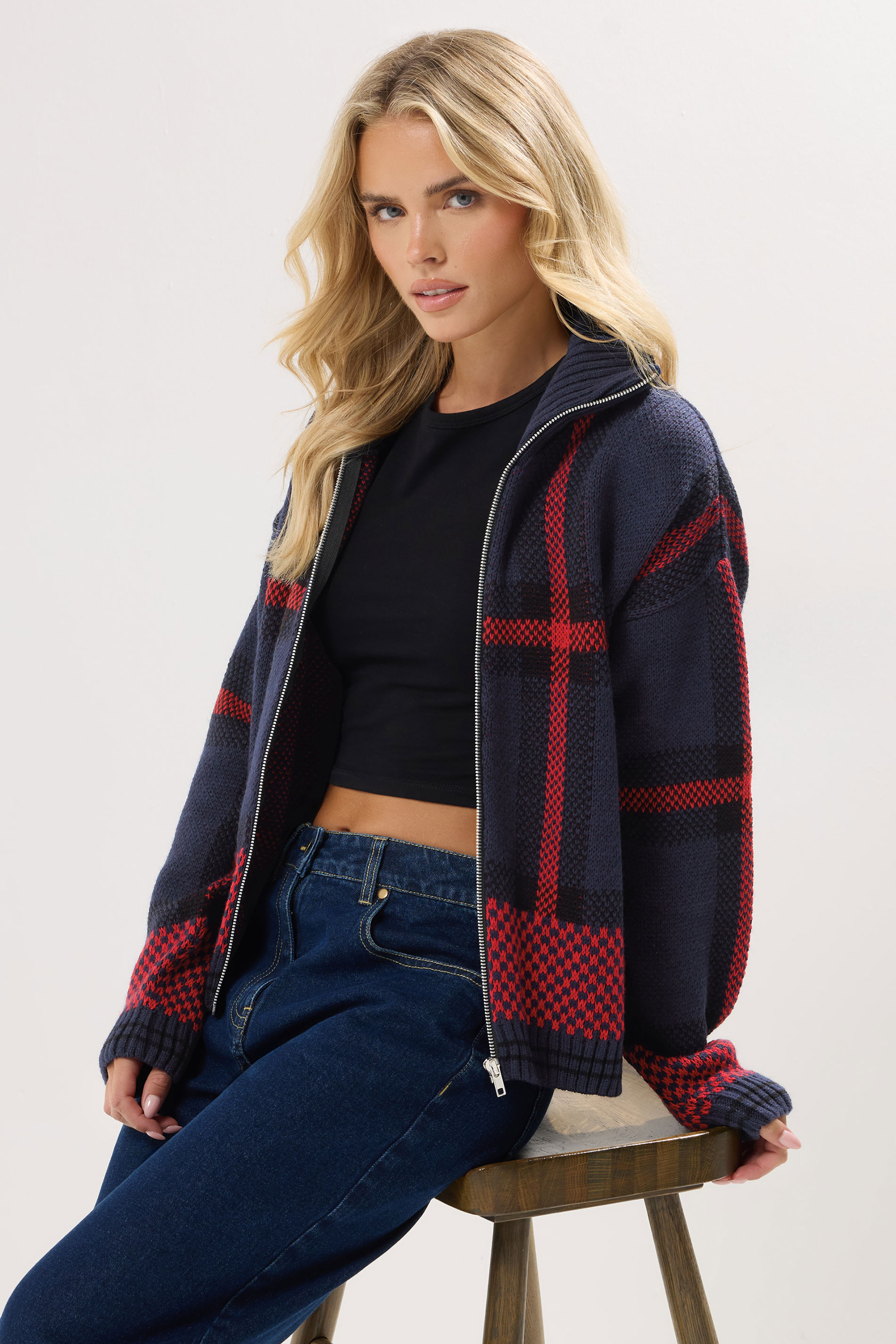 PixieGirl Petite Women's Blue & Red Knitted Check Zip Cardigan | PixieGirl 3