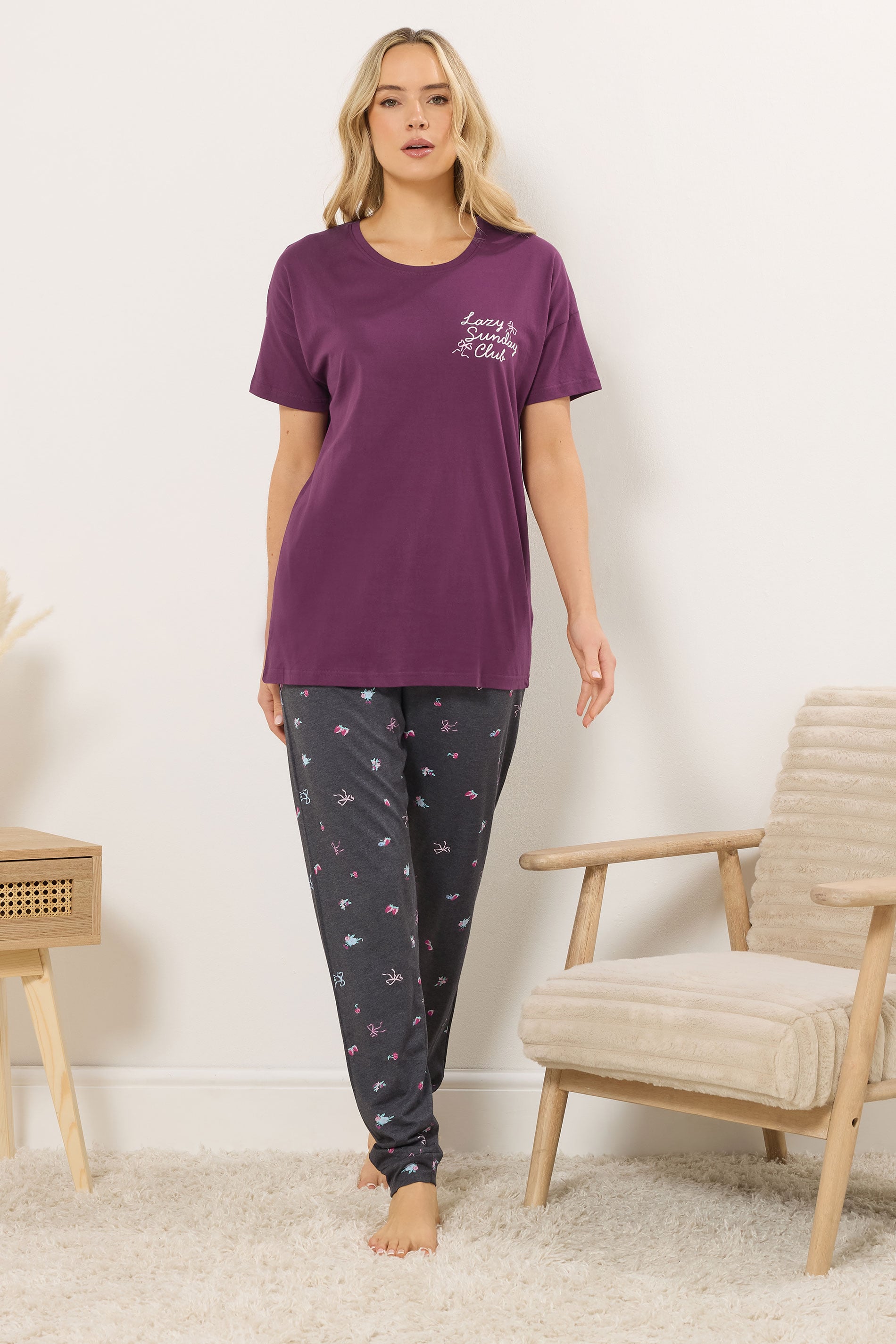LTS Tall Woman's Burgundy Red 'Sunday Club' Slogan Cotton Pyjama Set | Long Tall Sally 1