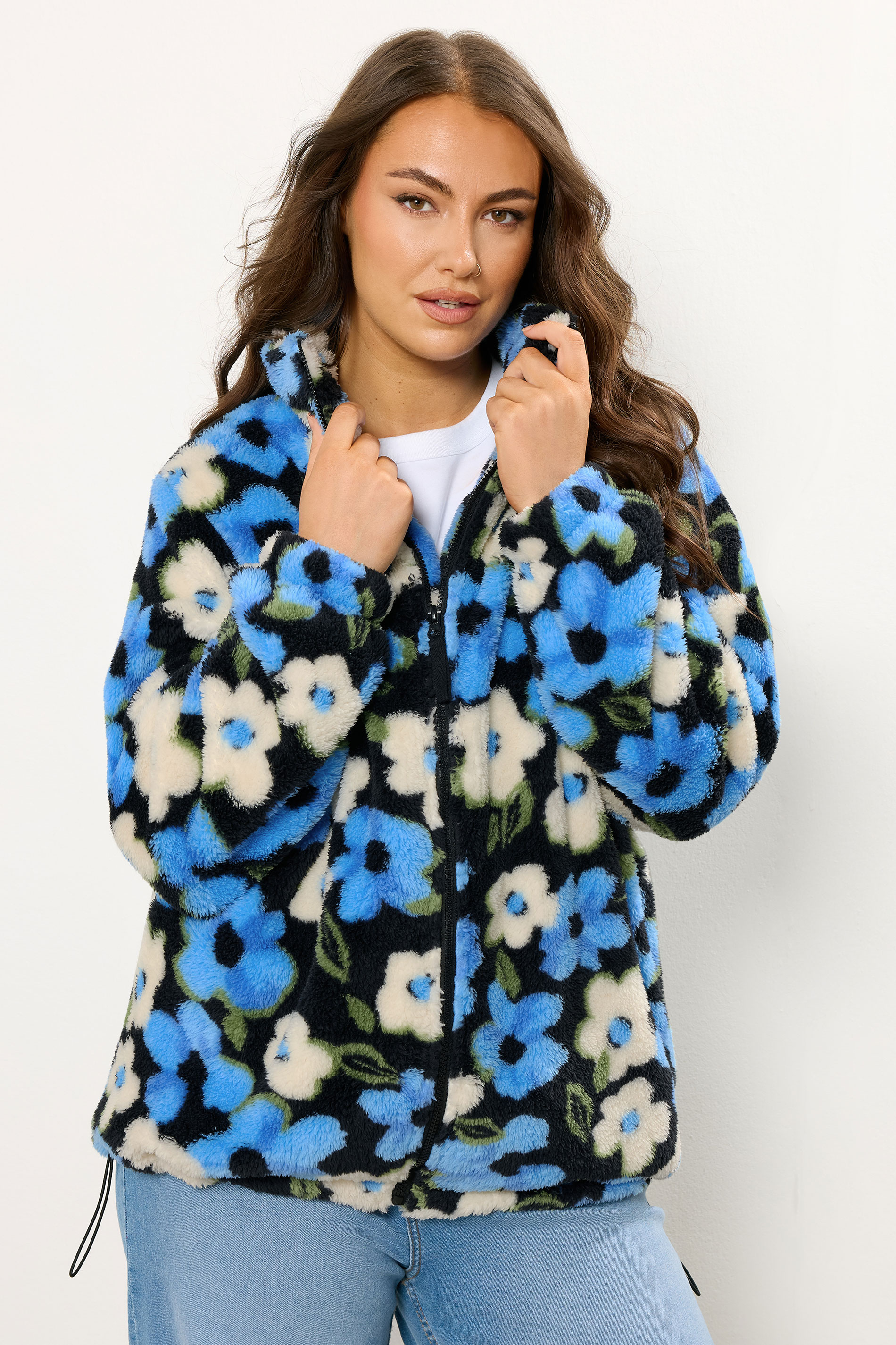 YOURS Plus Size Black & Blue Floral Fleece Jacket | Yours Clothing 1