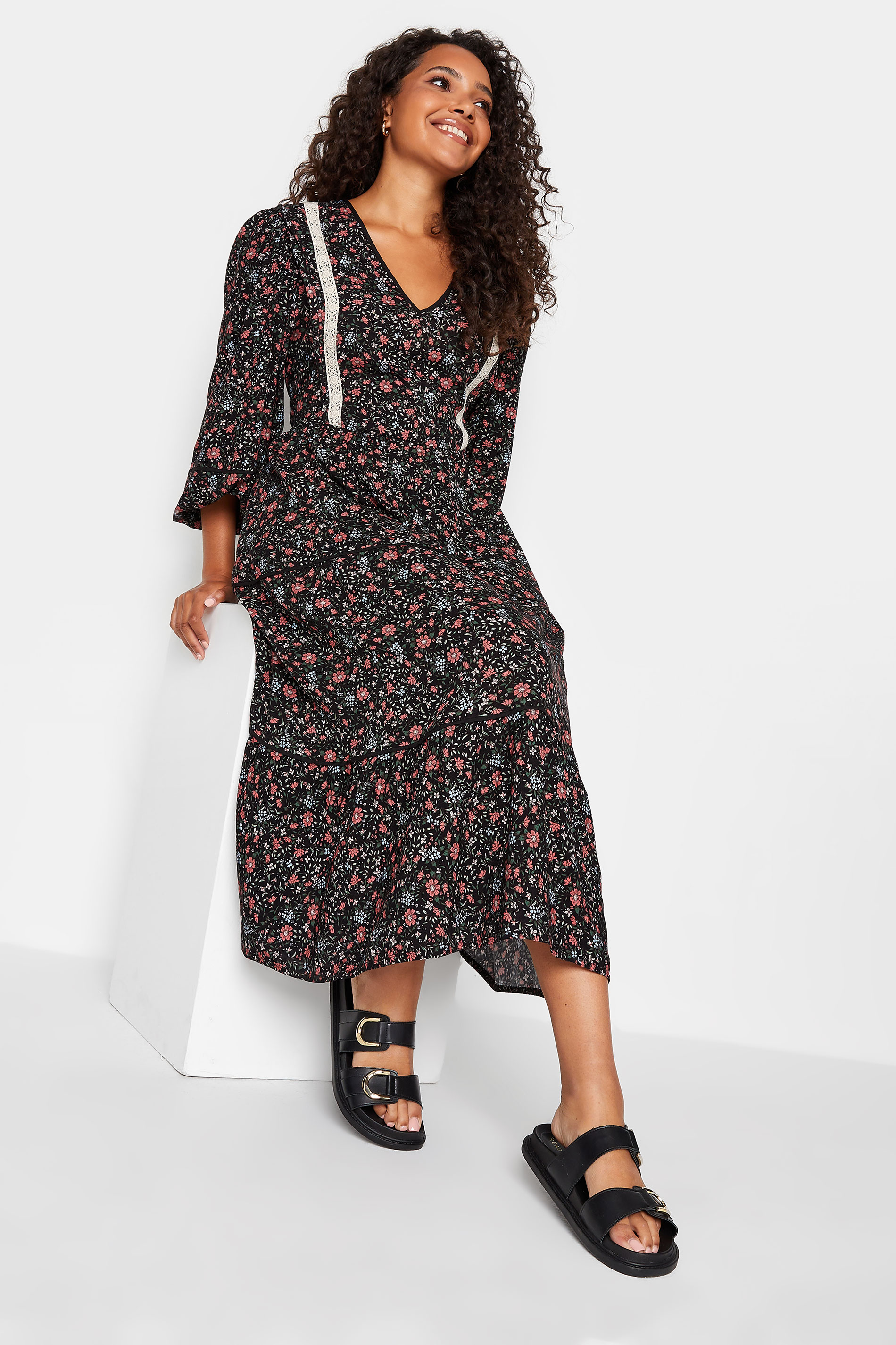 M&Co Black Floral Print Crochet Trim Maxi Dress | M&Co 2
