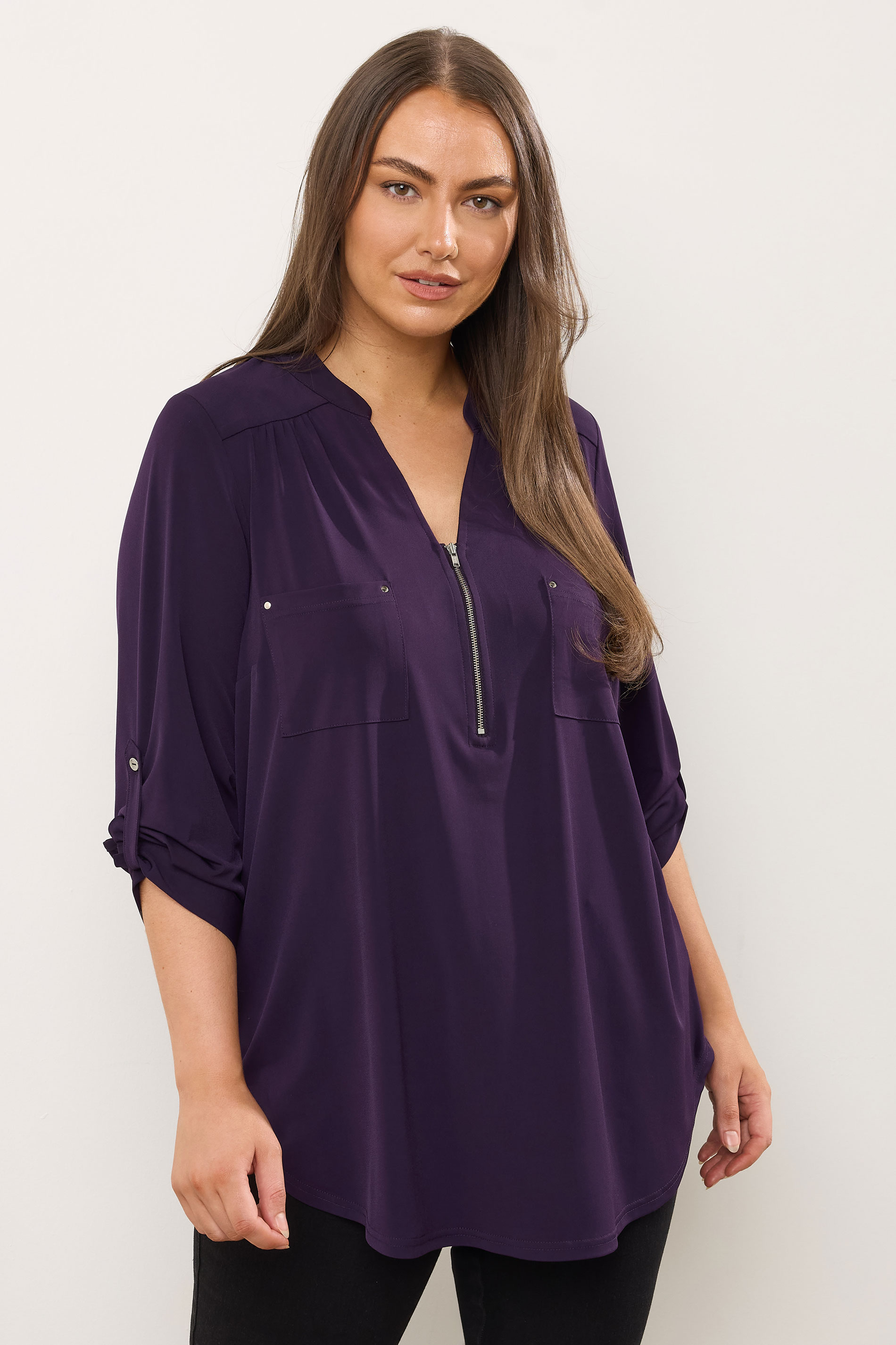 EVANS Plus Size Plum Purple Zip Front Jersey Blouse | Evans  3