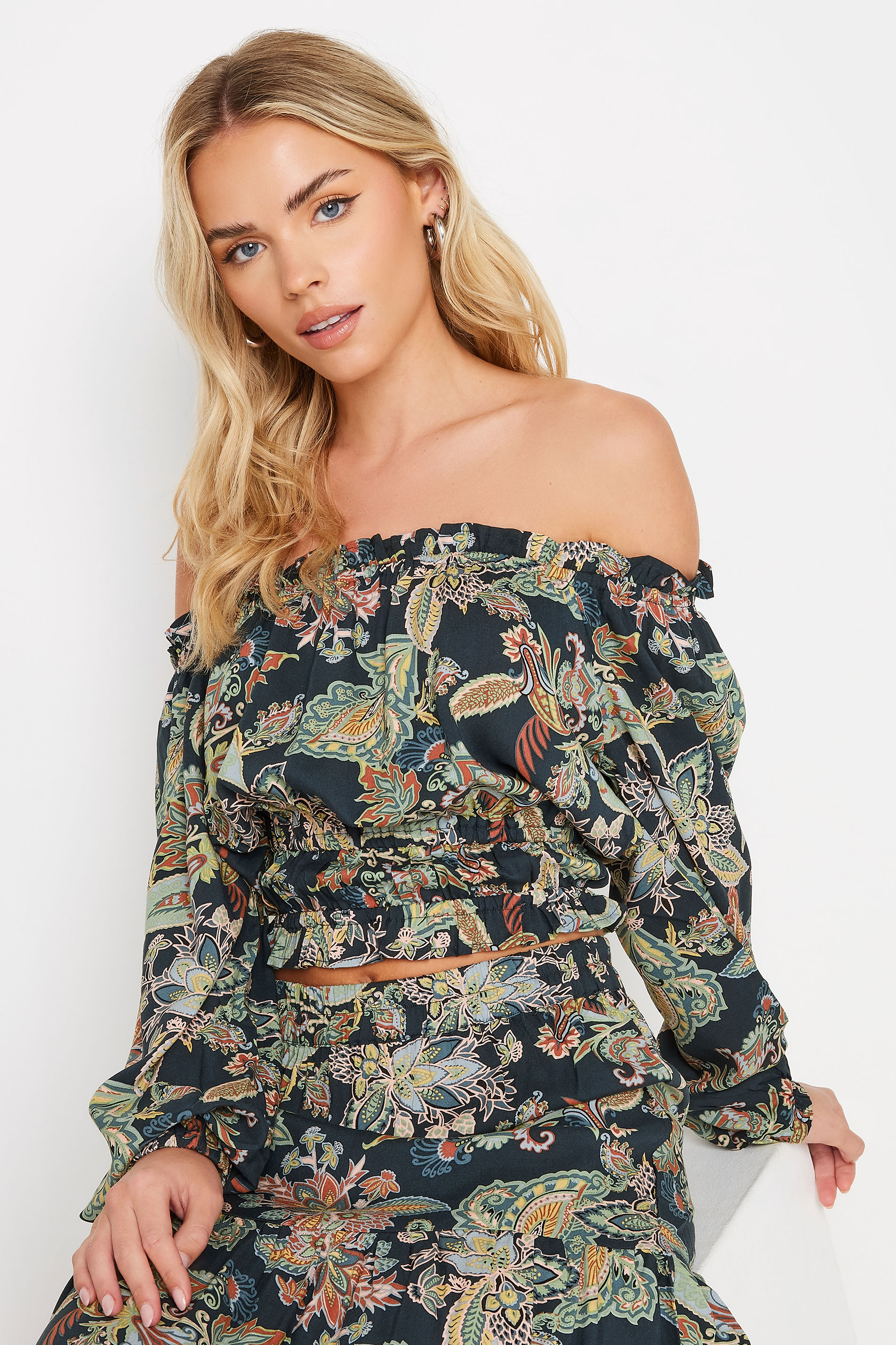 PixieGirl Petite Navy Blue Paisley Print Bardot Top | PixieGirl 4