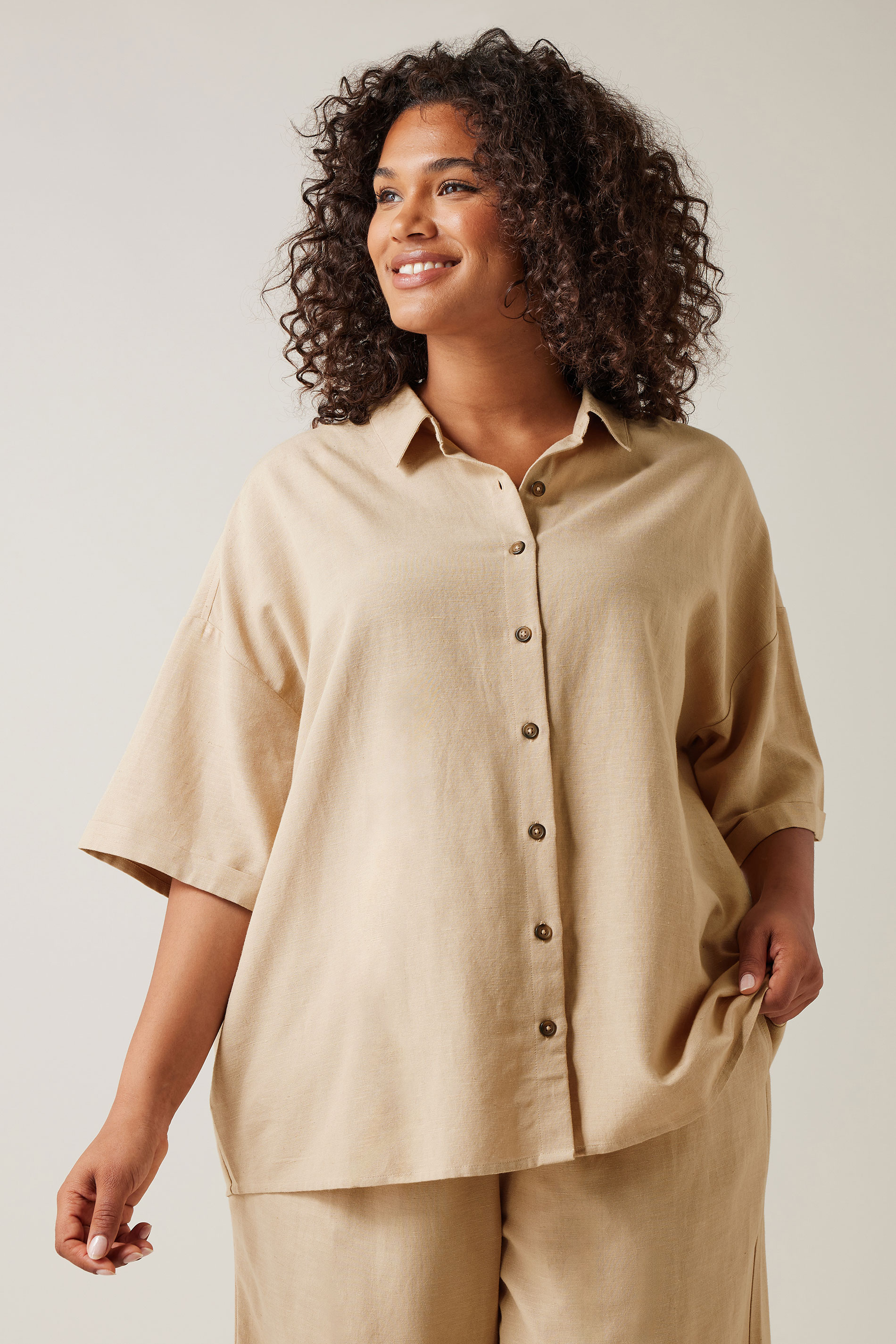 EVANS Plus Size Natural Brown Linen Shirt  | Yours Clothing 1