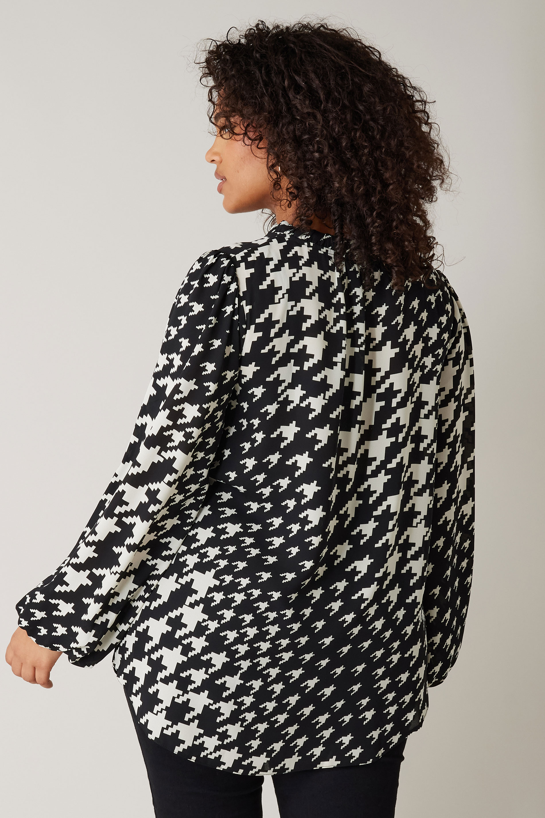 EVANS Plus Size Black Dogtooth Print Tie Neck Blouse | Evans 2