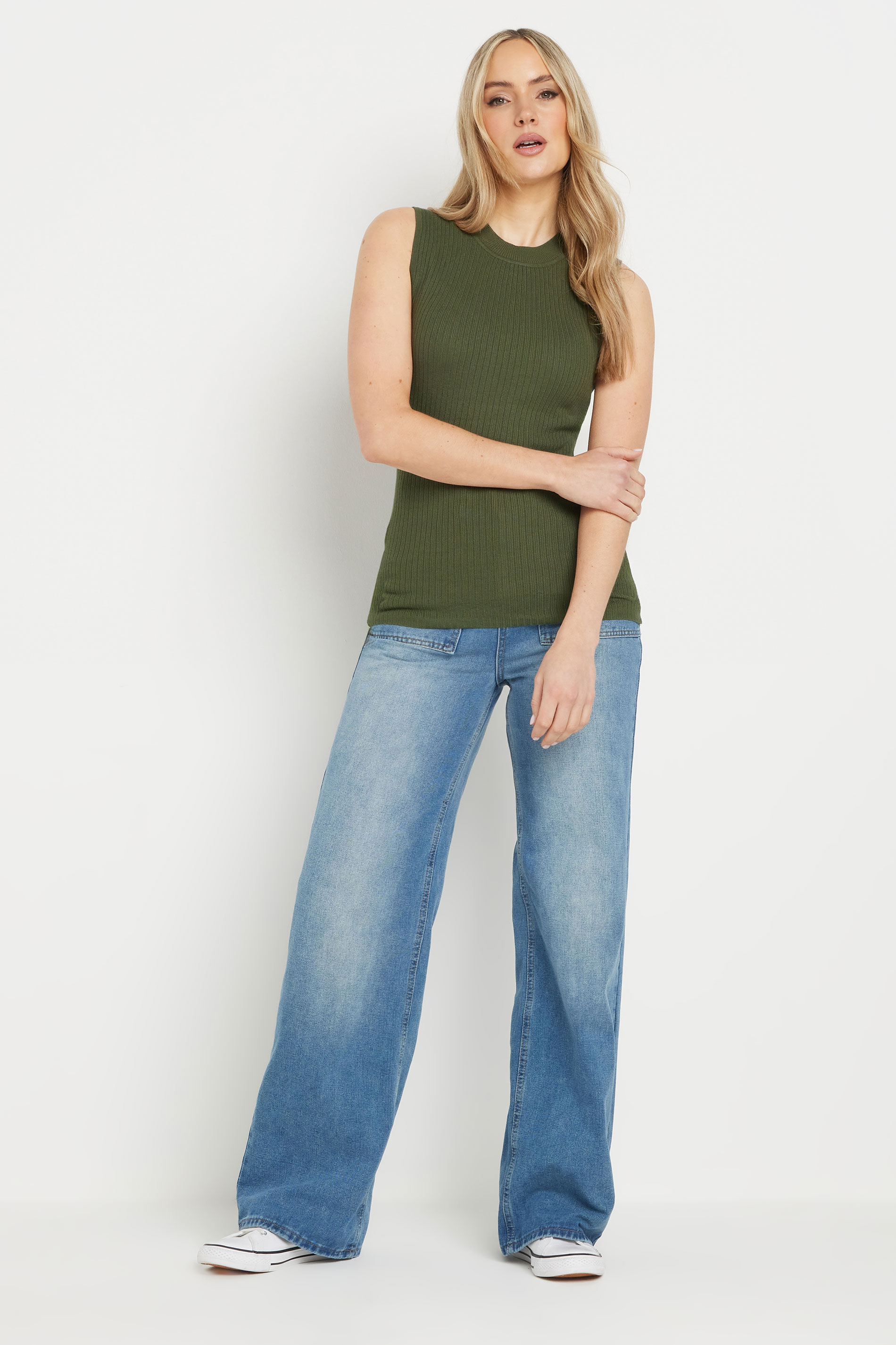 LTS Tall Khaki Green Knitted Ribbed Vest Top | Long Tall Sally 1
