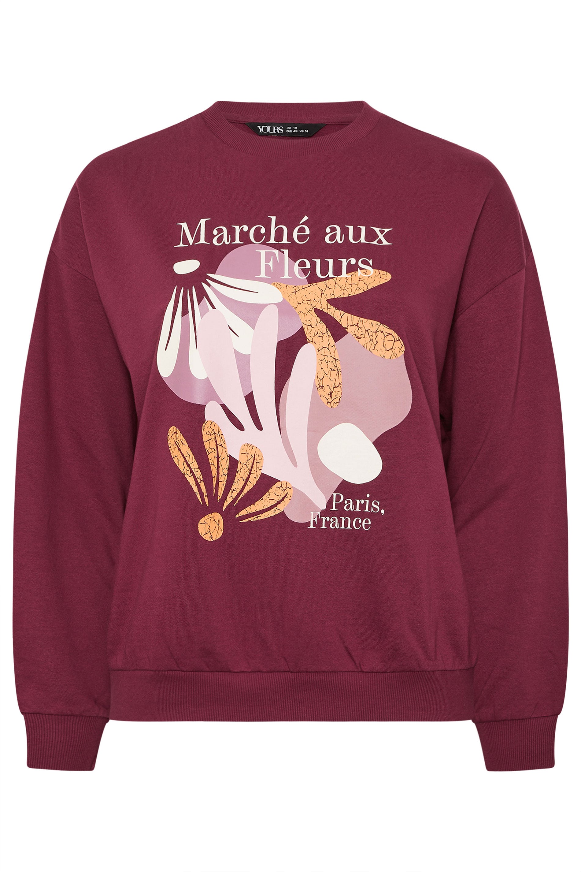 YOURS Plus Size Burgundy Red 'Marche Aux Fleurs' Slogan Sweatshirt | Yours Clothing 6