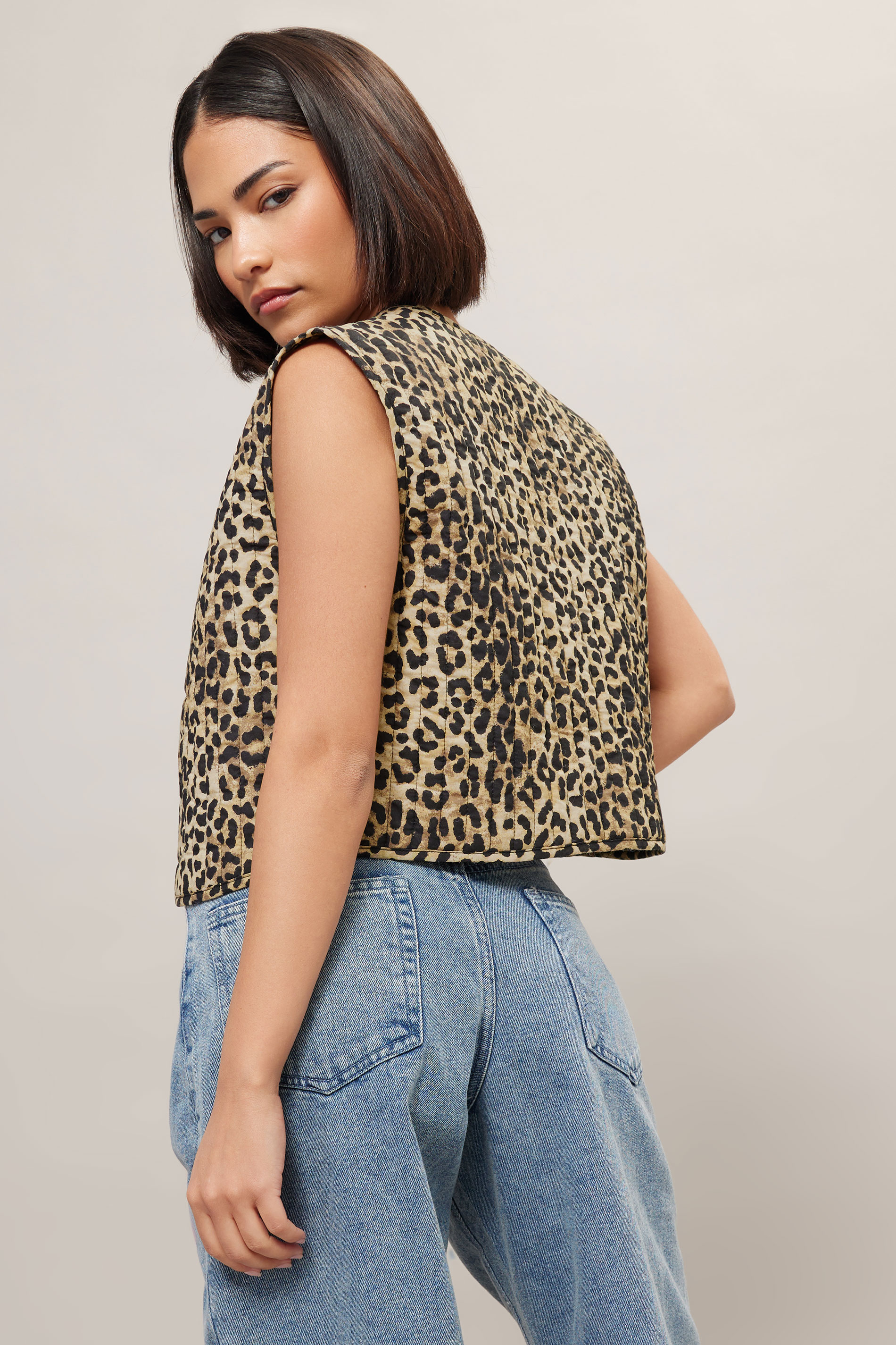 PixieGirl Petite Women's Beige Brown Leopard Print Cotton Quilted Waistcoat | PixieGirl 2