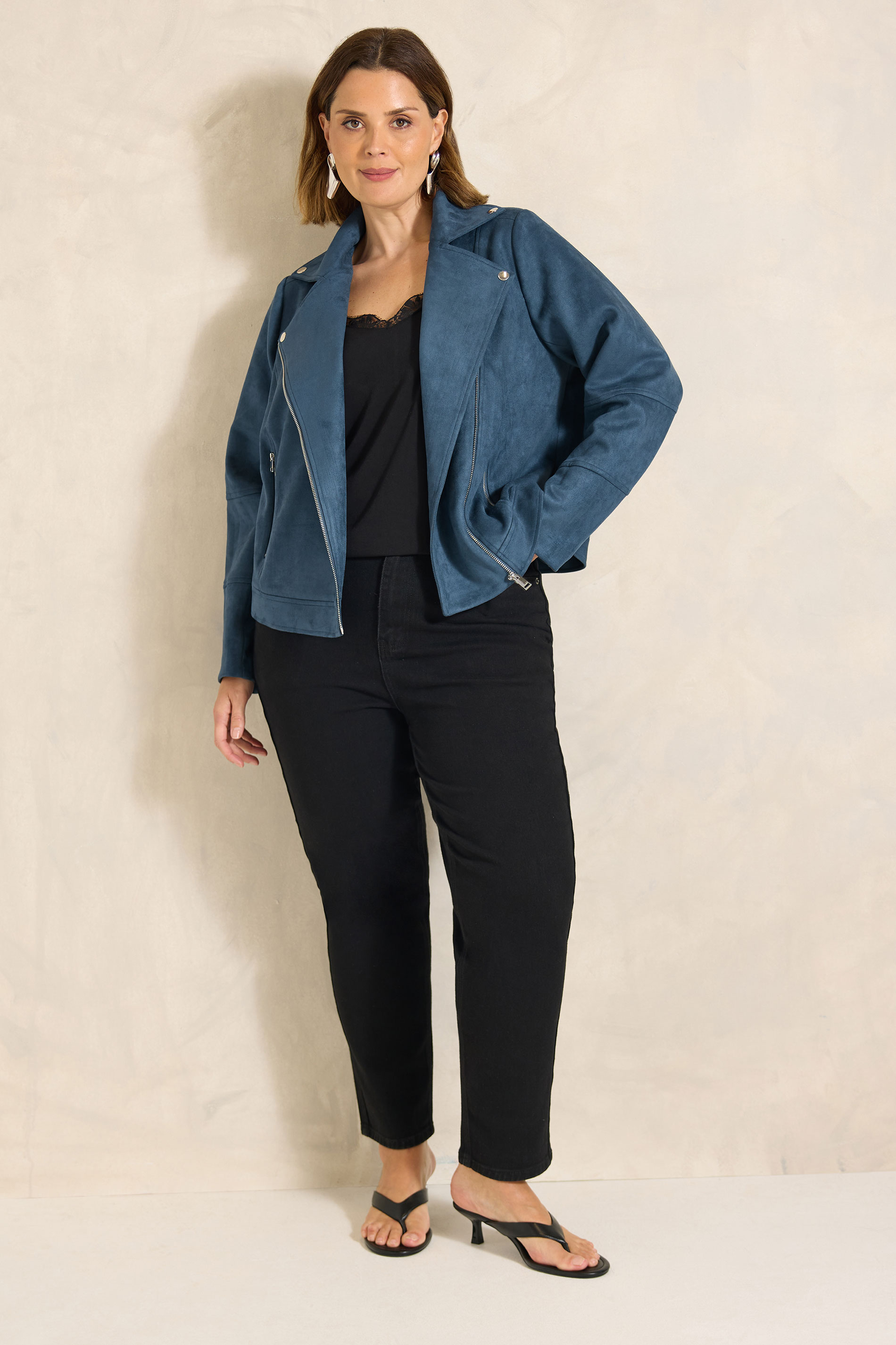EVANS Plus Size Navy Blue Suedette Biker Jacket | Evans 1