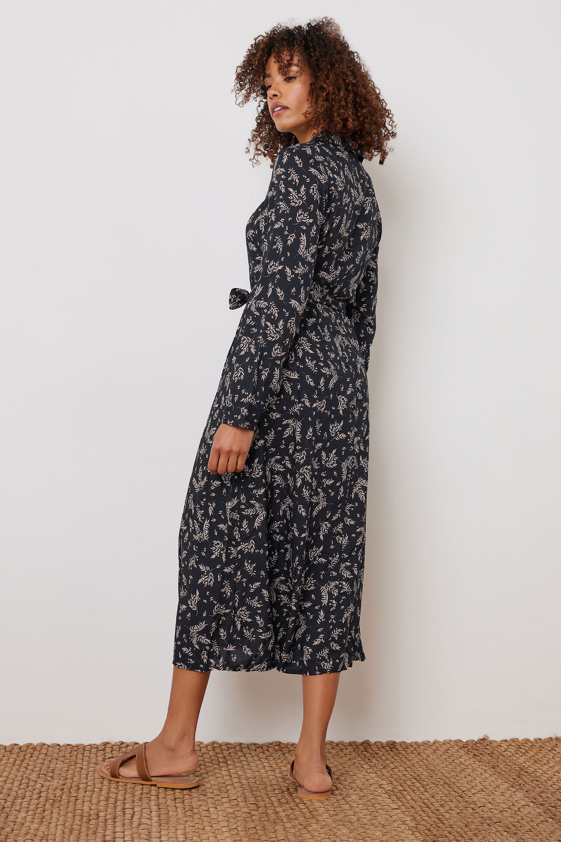 M&Co Black Leaf Print Belted Midi Shirt Dress | M&Co 2