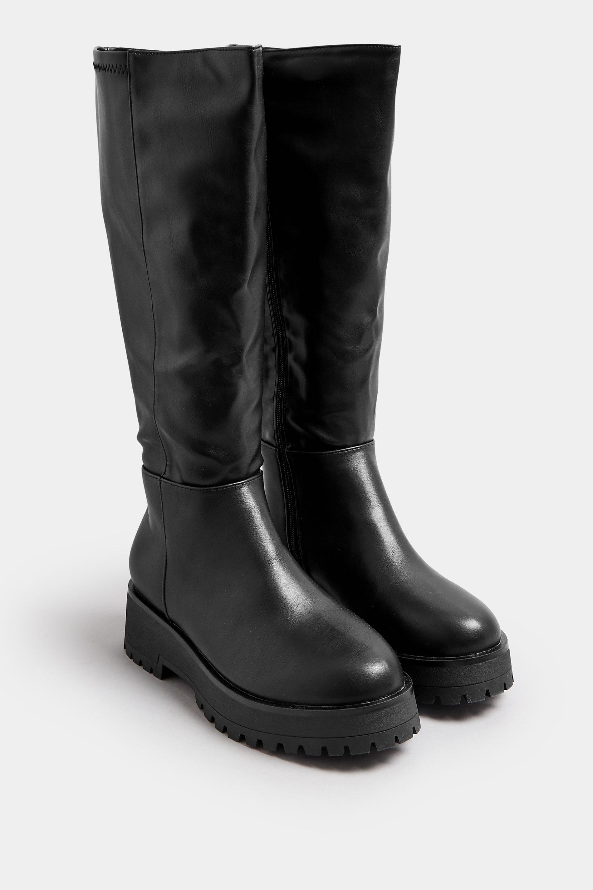 Black Faux Leather Chunky Knee High Boots In Wide E Fit & Extra Wide EEE Fit | Yours Clothing 1