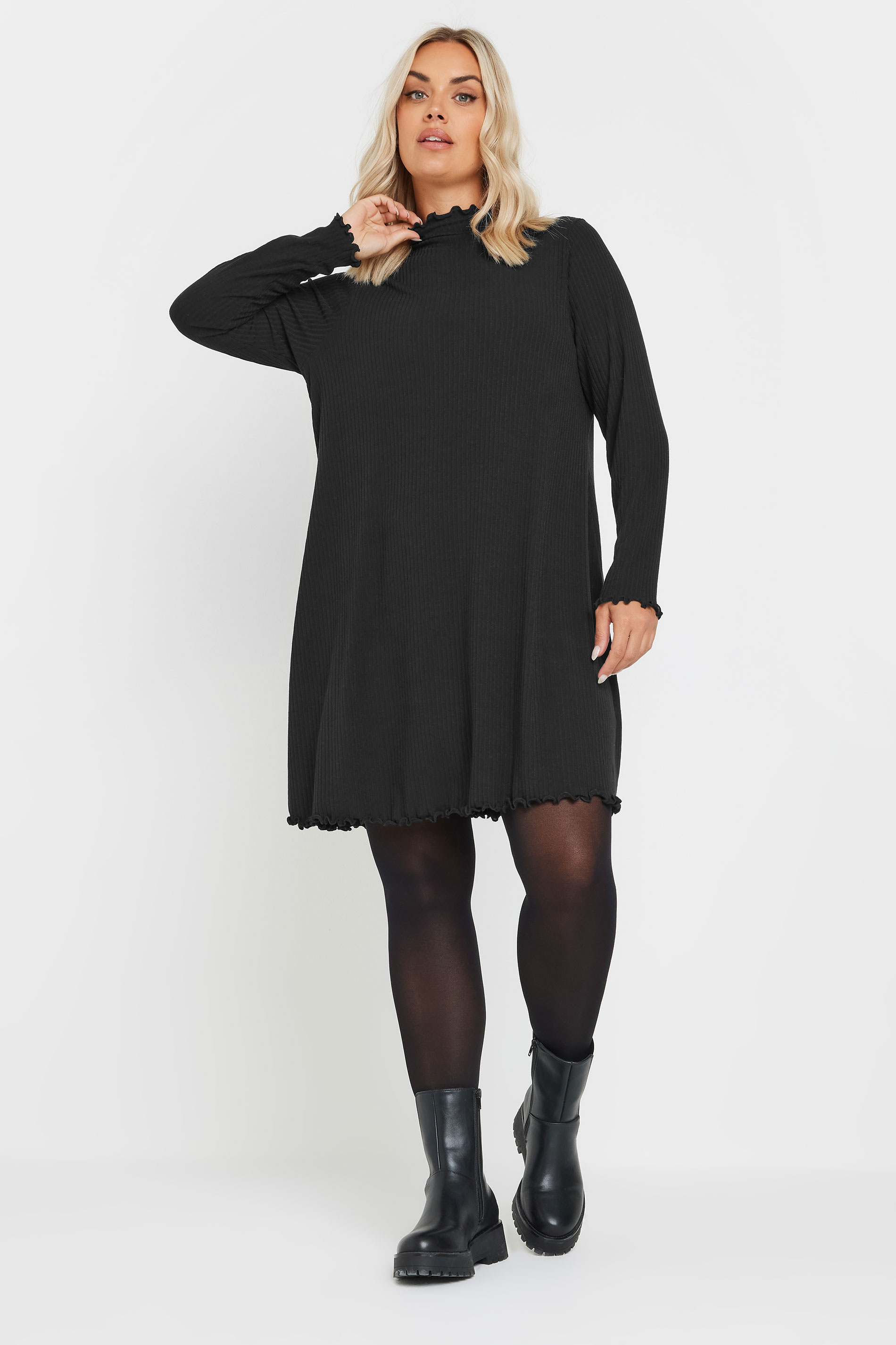 YOURS Curve Plus Size Black Lettuce Edge Tunic Dress | Yours Clothing  3