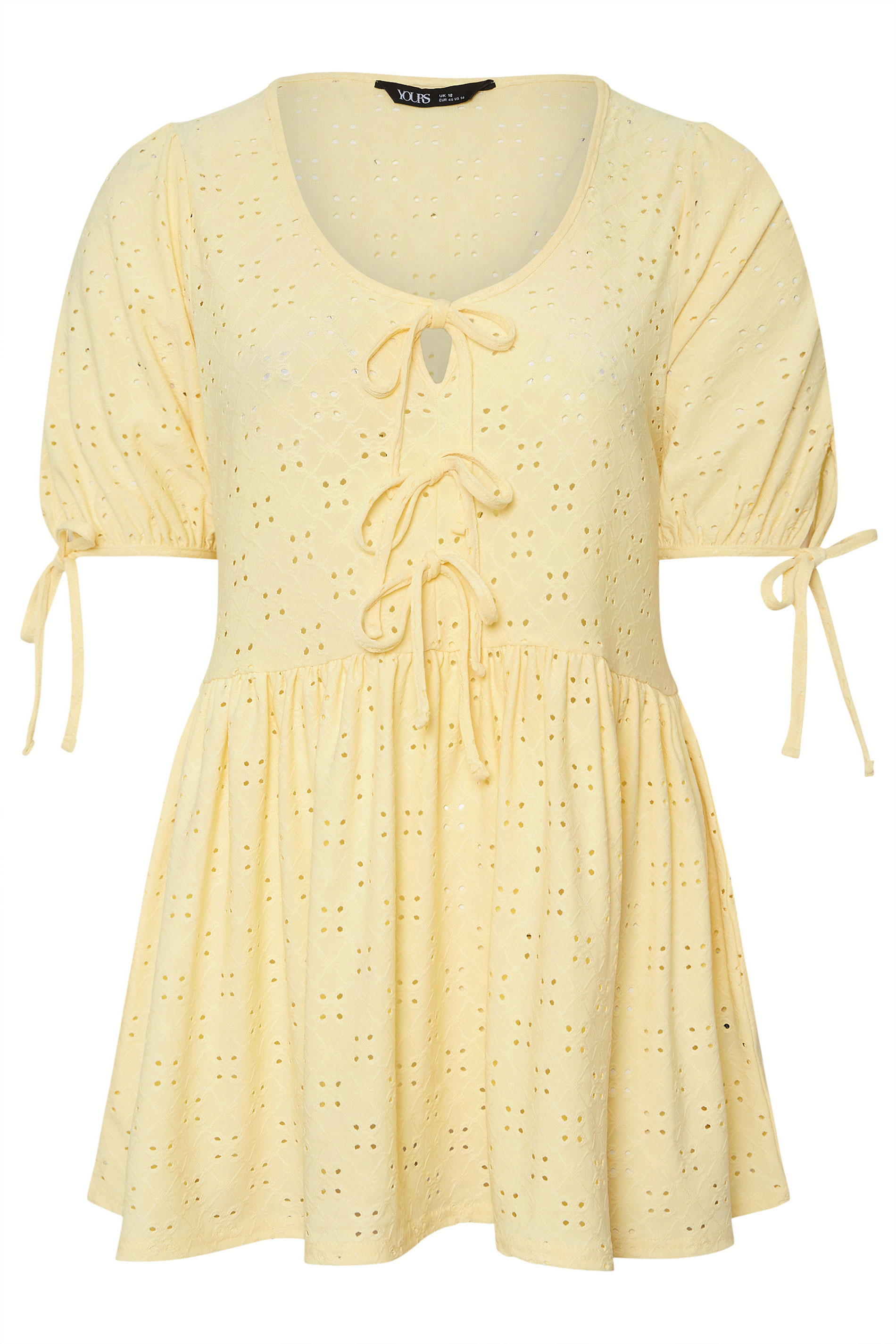 YOURS Plus Size Yellow Broderie Anglaise Tie Front Peplum Top | Yours Clothing 5