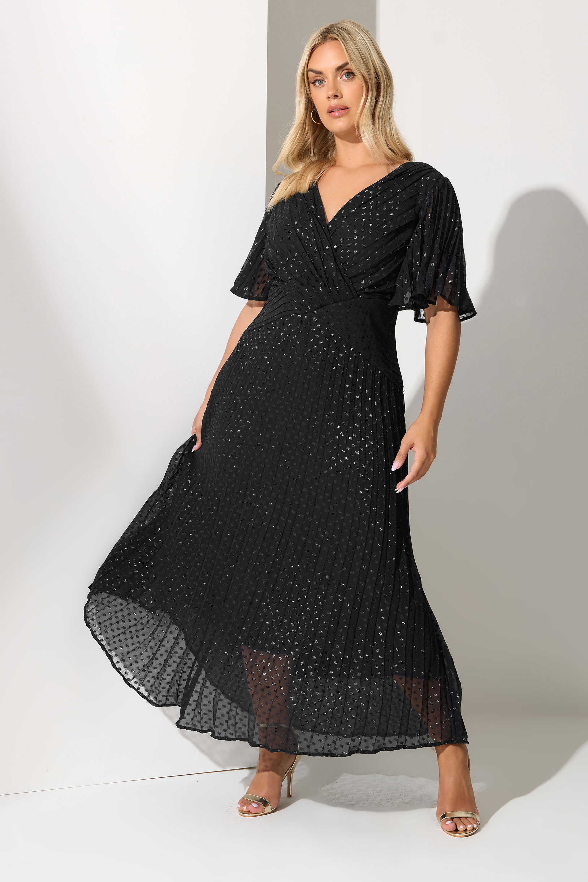 YOURS LONDON Plus Size Black Metallic Dobby Pleated Wrap Dress | Yours Clothing 3