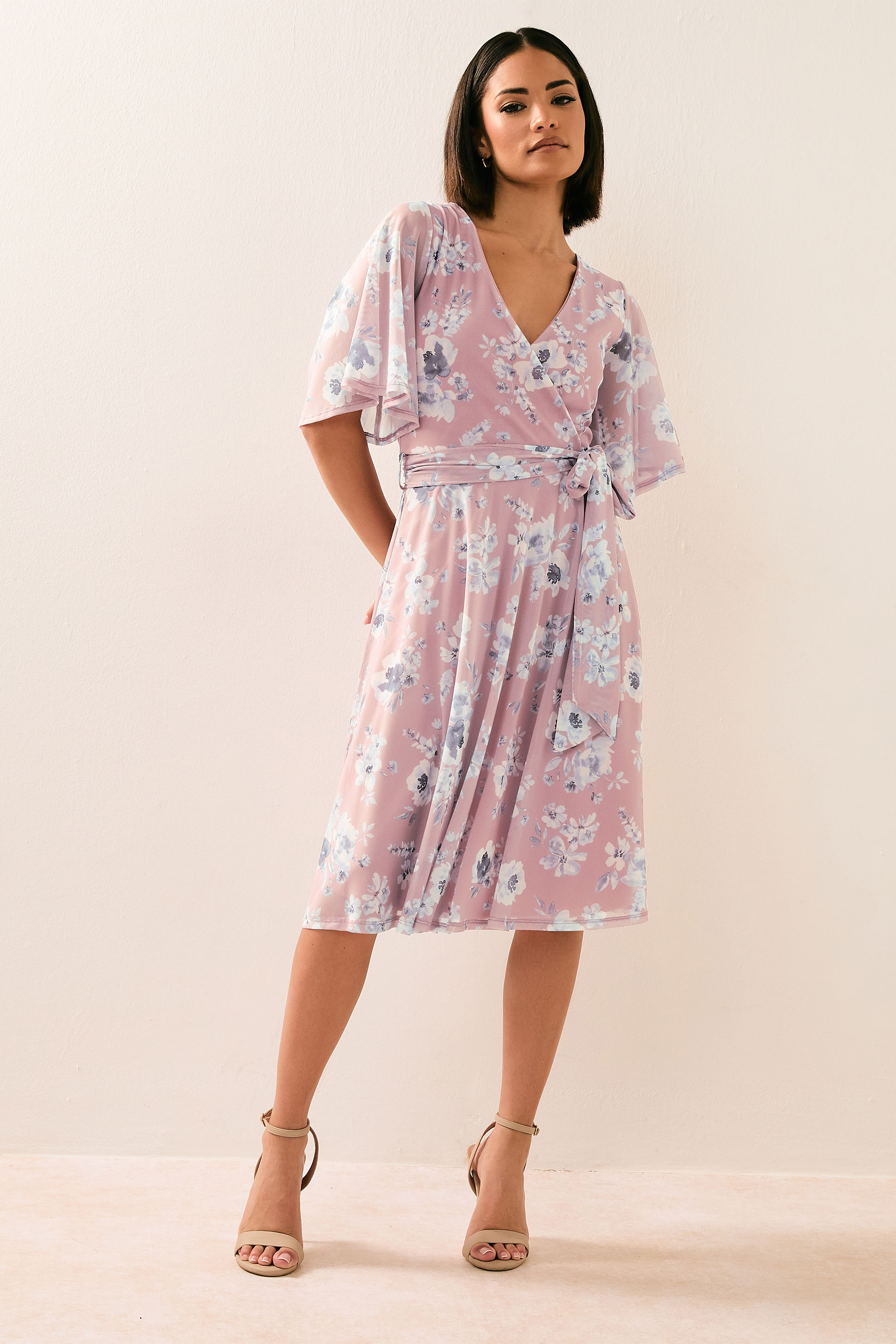 PixieGirl Petite Women's Blush Pink Mesh Floral Wrap Midi Dress | PixieGirl 1