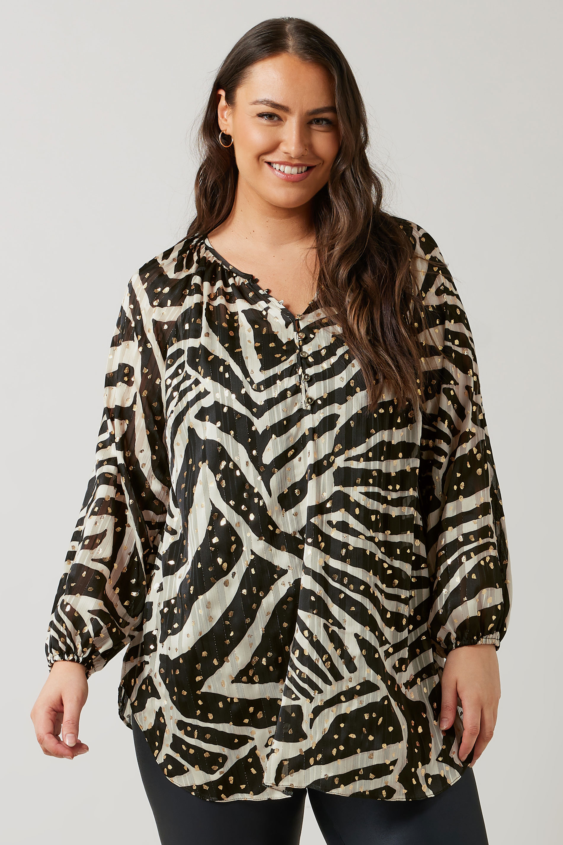 EVANS Plus Size Black & Gold Metallic Zebra Print Blouse | Evans 3