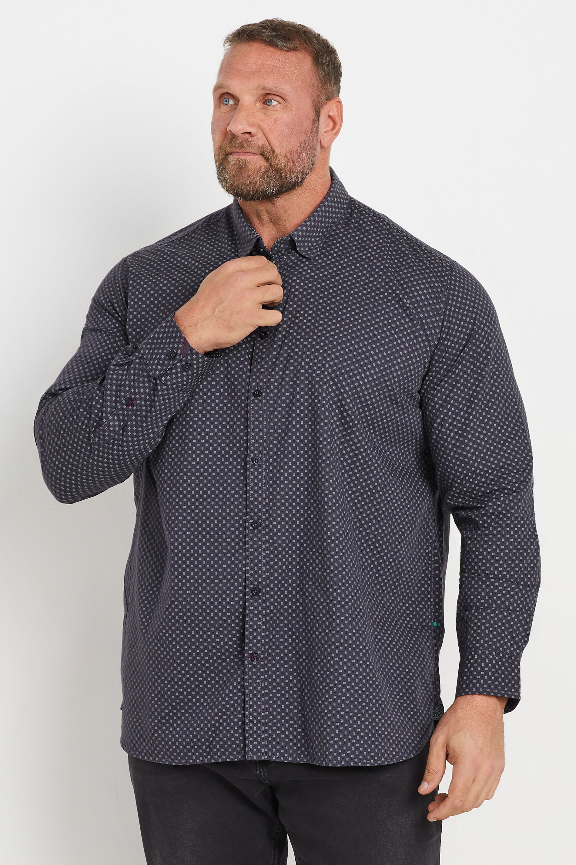 D555 Big & Tall Blue Abstract Spot Print Button Shirt | BadRhino 3