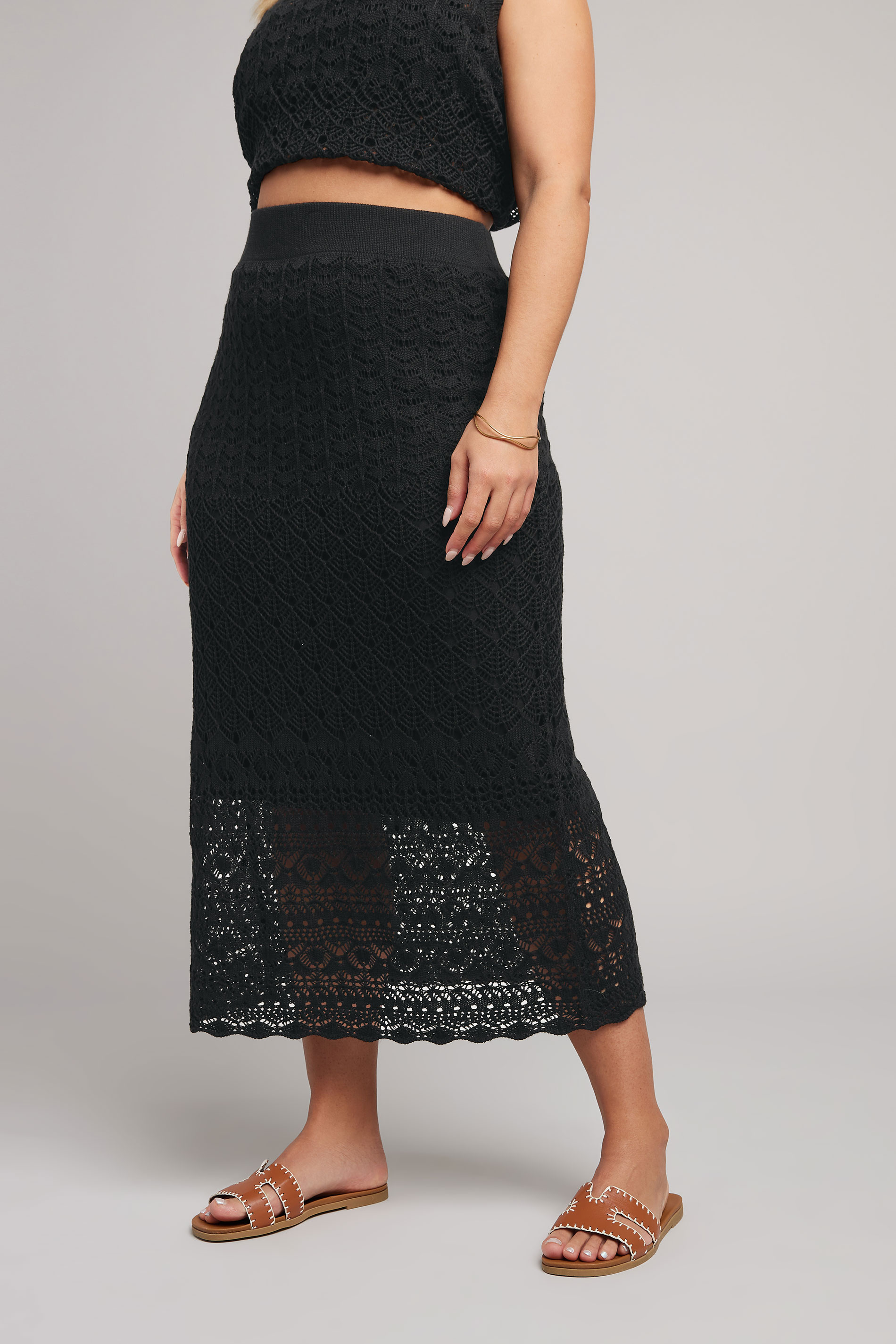 YOURS Plus Size Black Crochet Knitted Midi Skirt | Yours Clothing 2