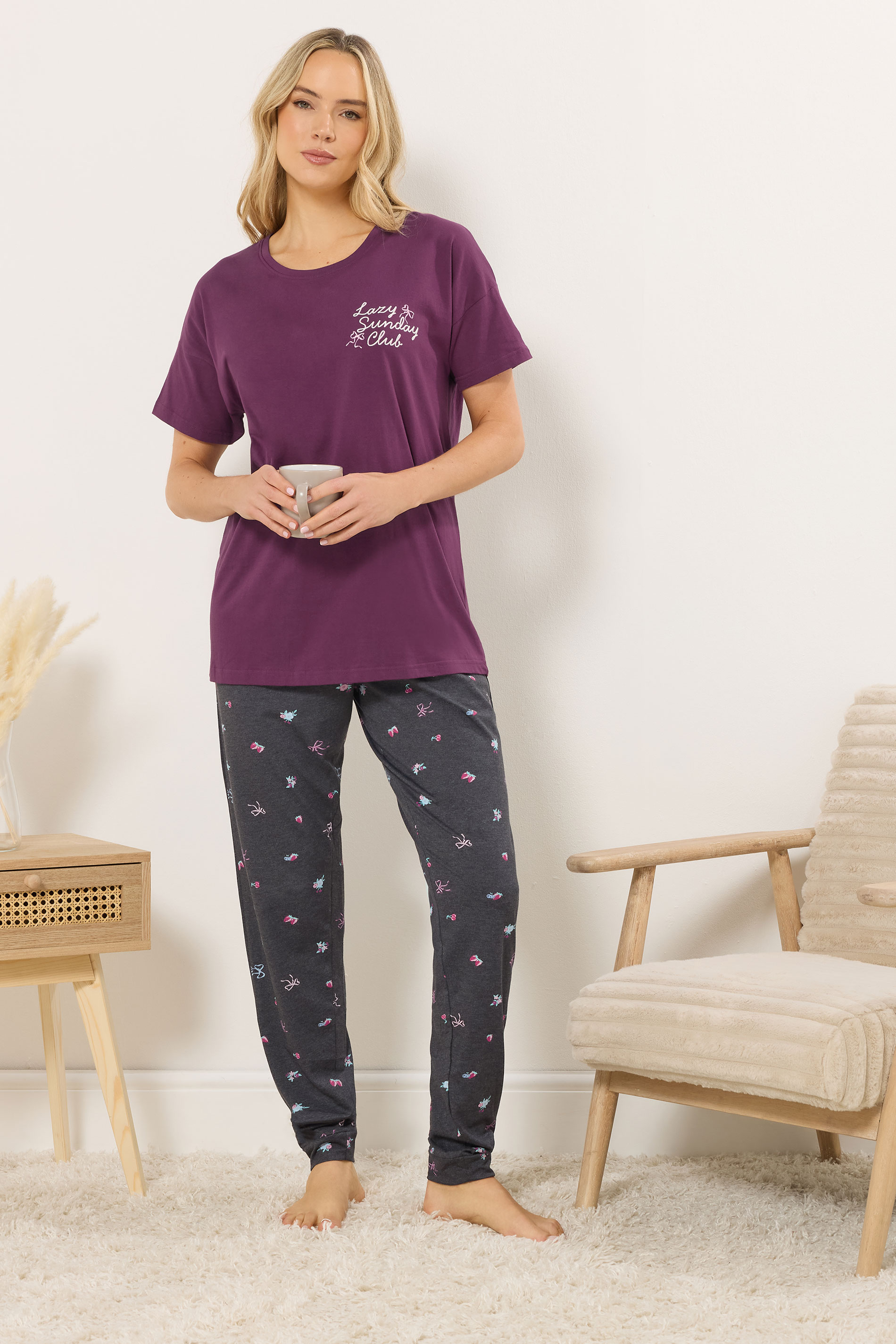 LTS Tall Woman's Burgundy Red 'Sunday Club' Slogan Cotton Pyjama Set | Long Tall Sally 3