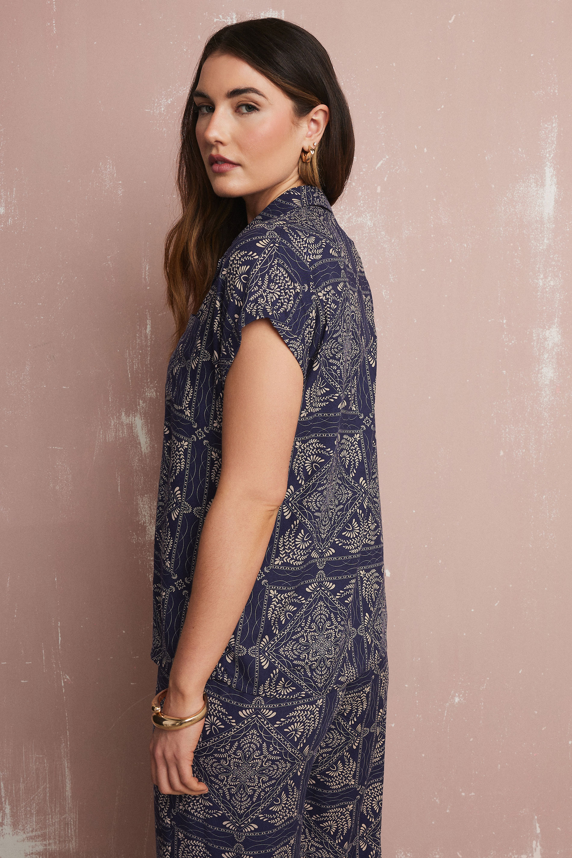 LTS Tall Navy Blue Tile Print Button Shirt | Long Tall Sally 4