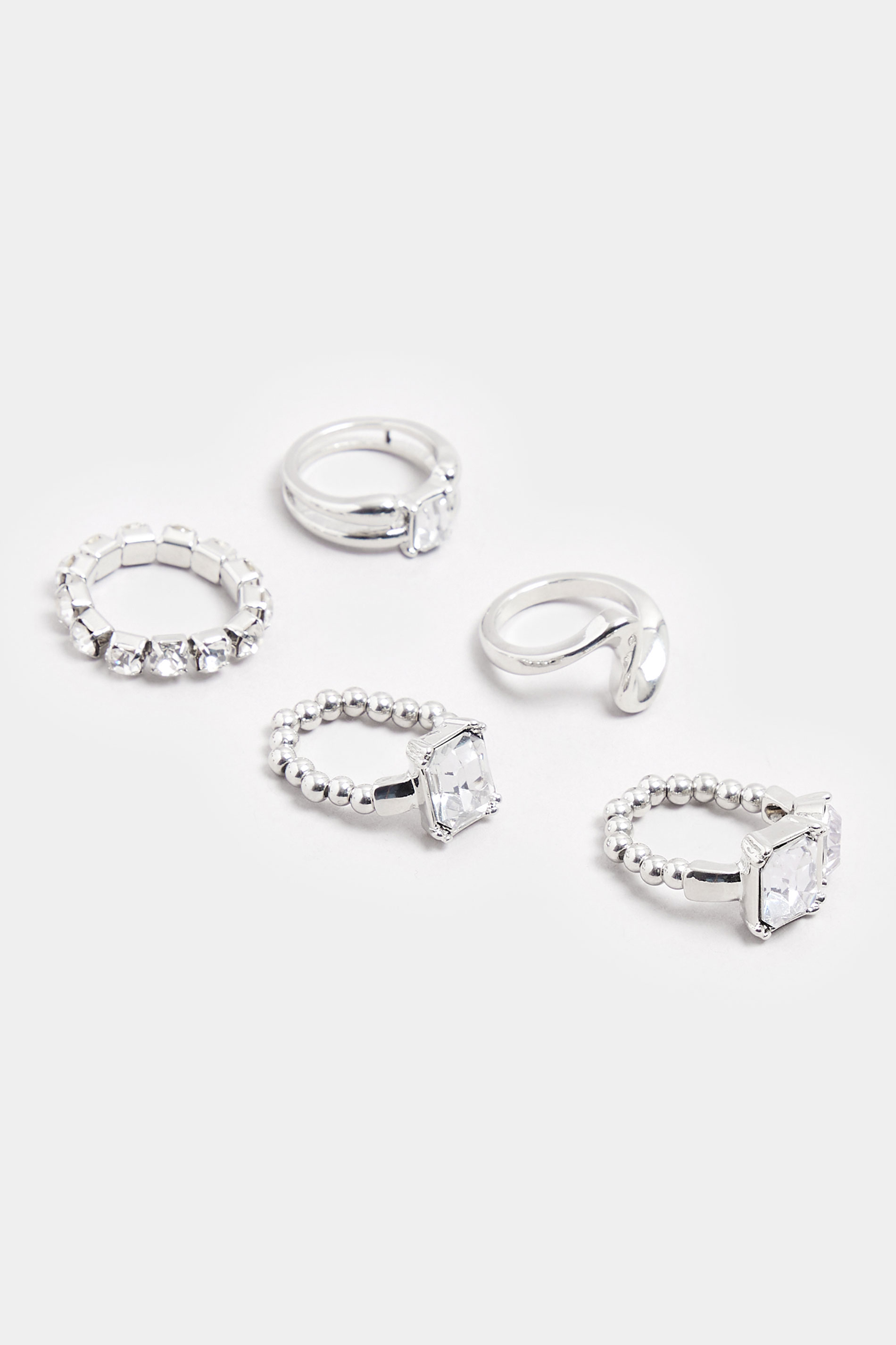 YOURSET 5 PACK Silver Tone Diamante Ring Set | Yours Clothing 3