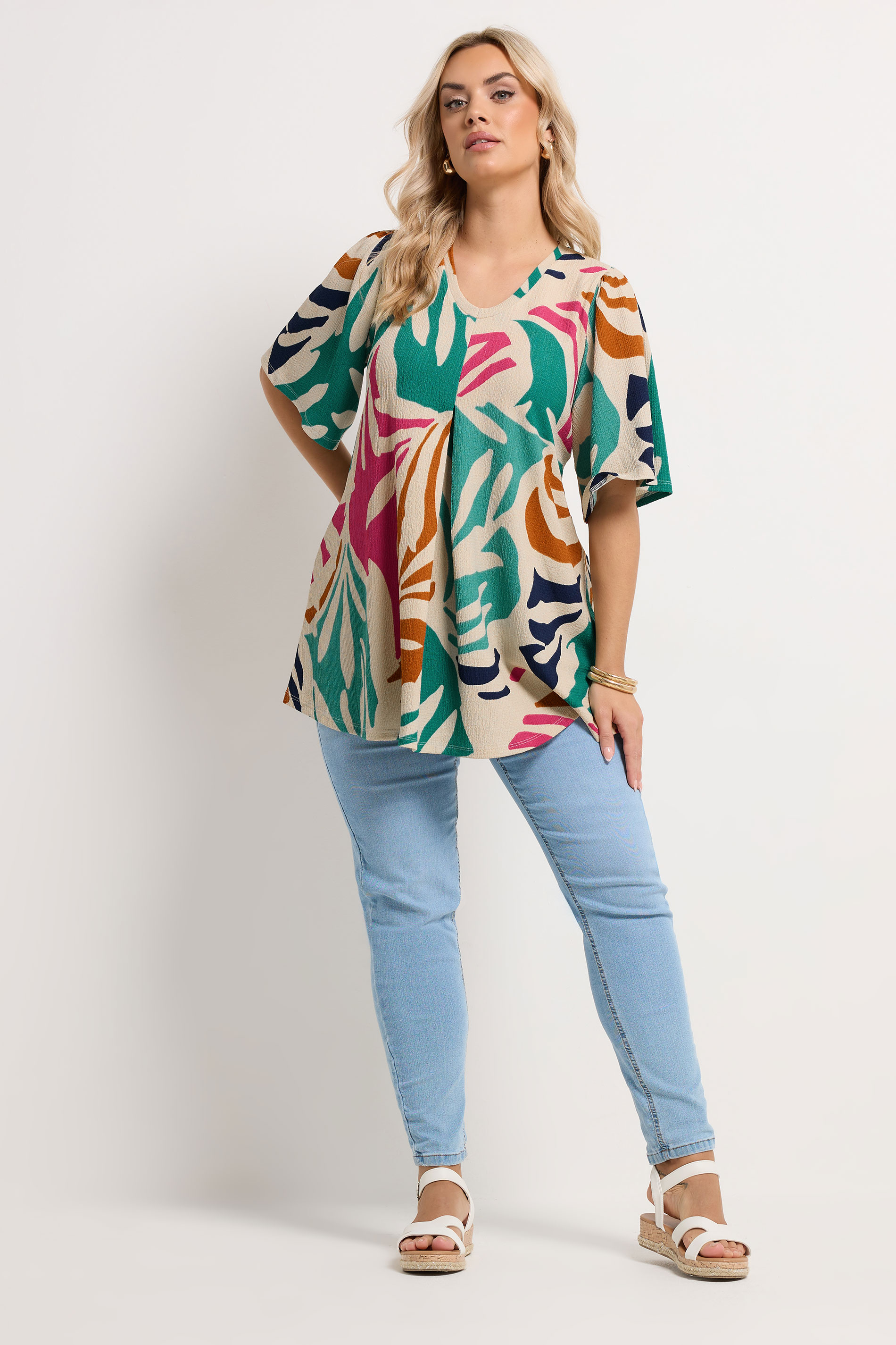 YOURS Plus Size Natural Brown Abstract Textured Pleated Front Top | Yours Clothing 1