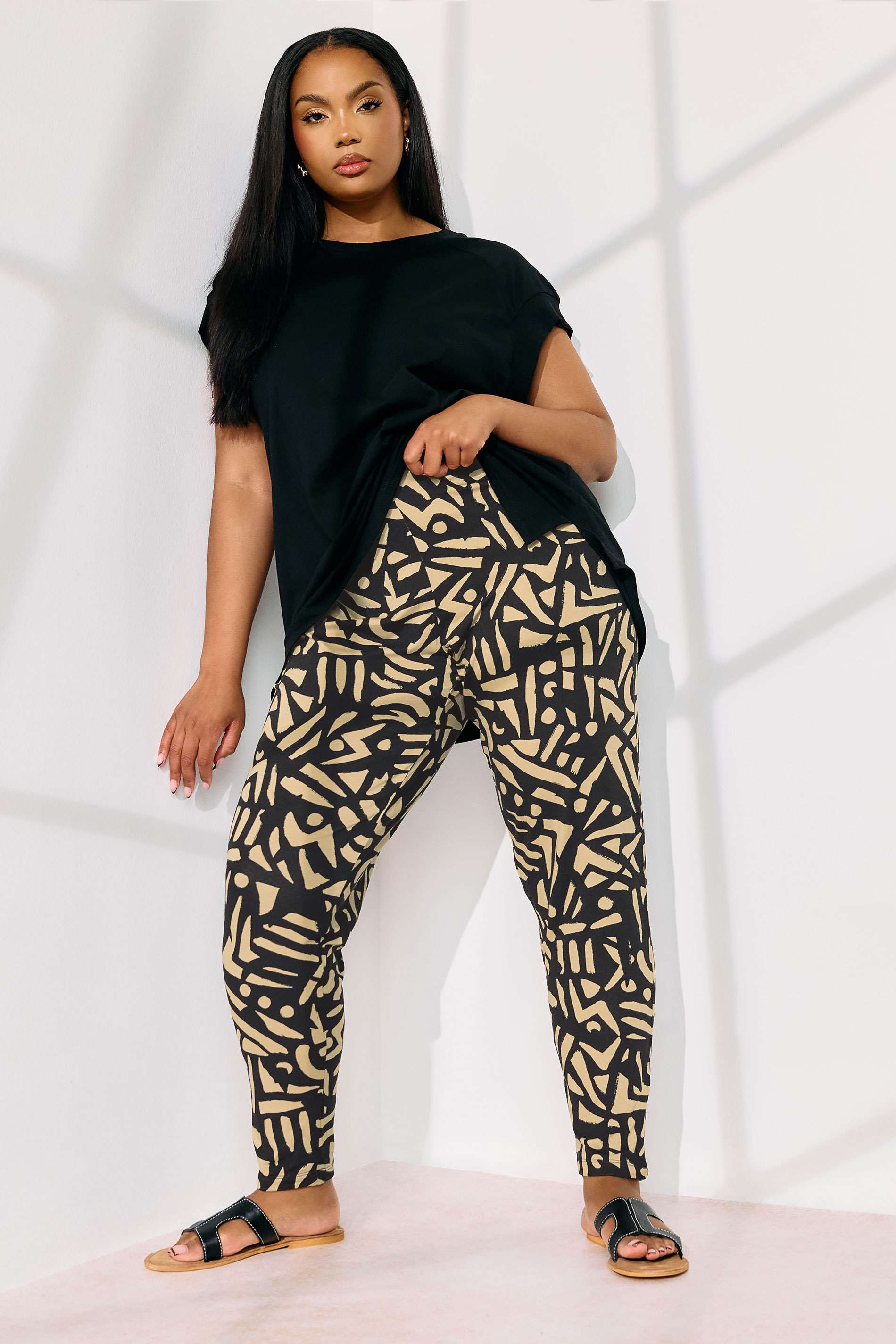 YOURS Curve Natural Brown Abstract Print Harem Trousers | Yours Clothing 3