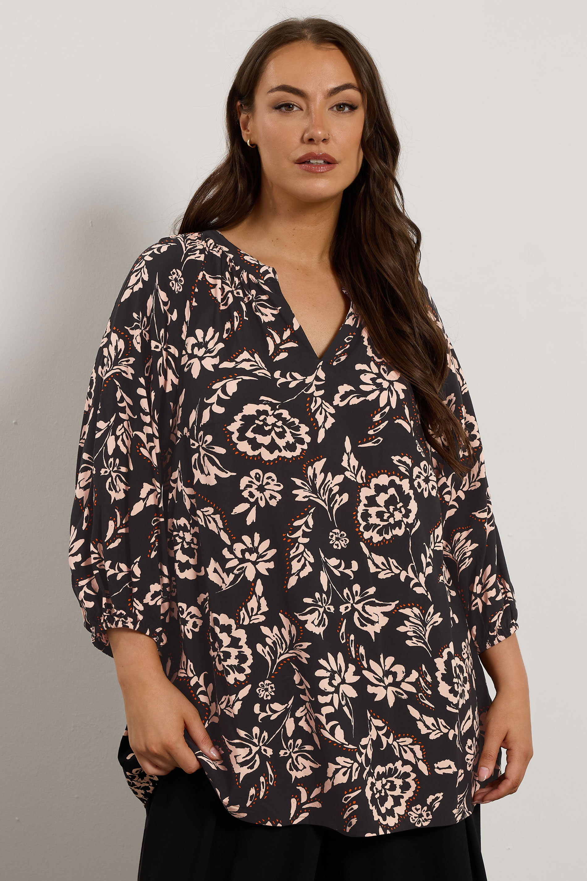 EVANS Plus Size Black Floral Notch Neck Blouse | Evans 3