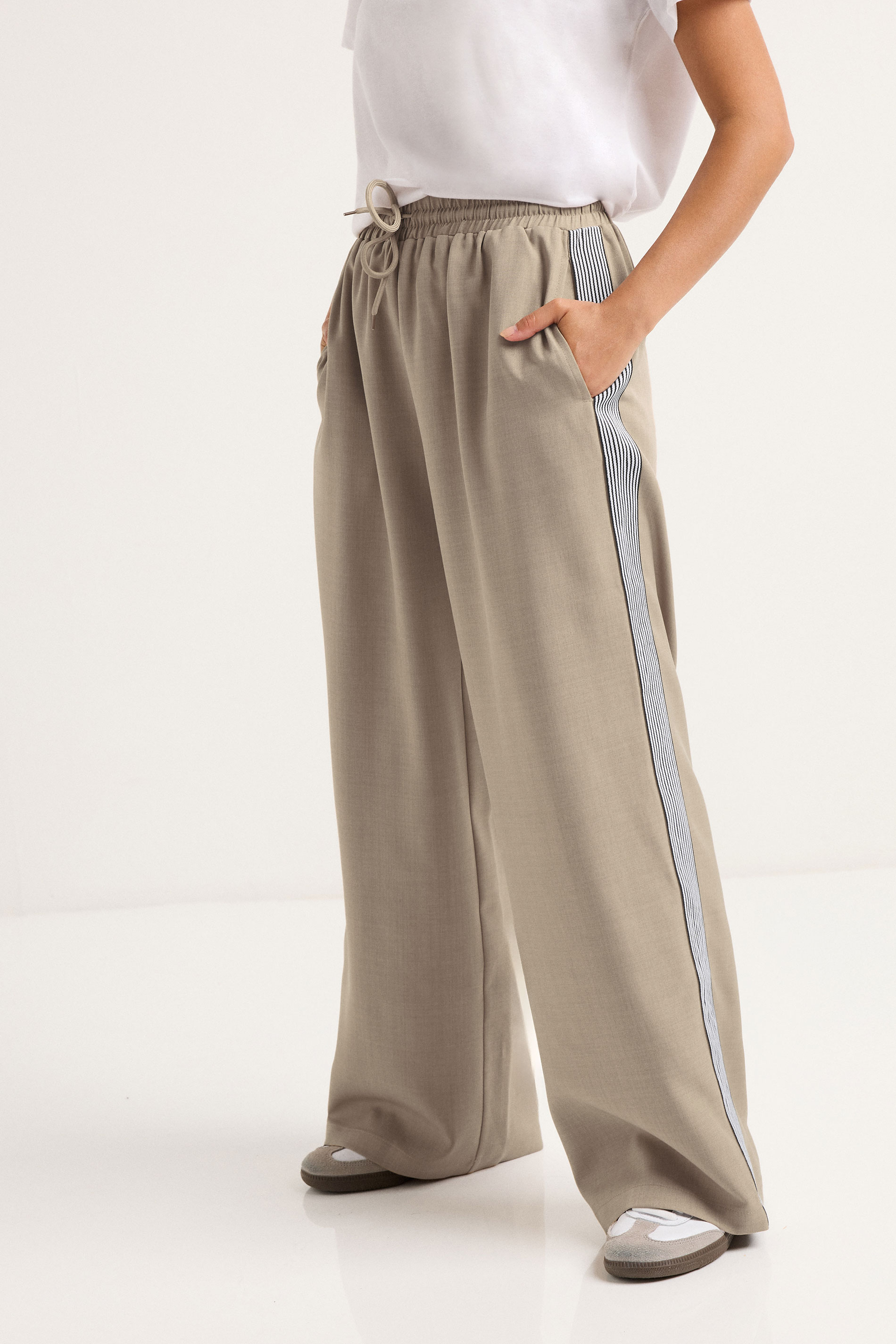 PixieGirl Petite Women's Beige Brown Side Stripe Wide Leg Trouser | PixieGirl 1