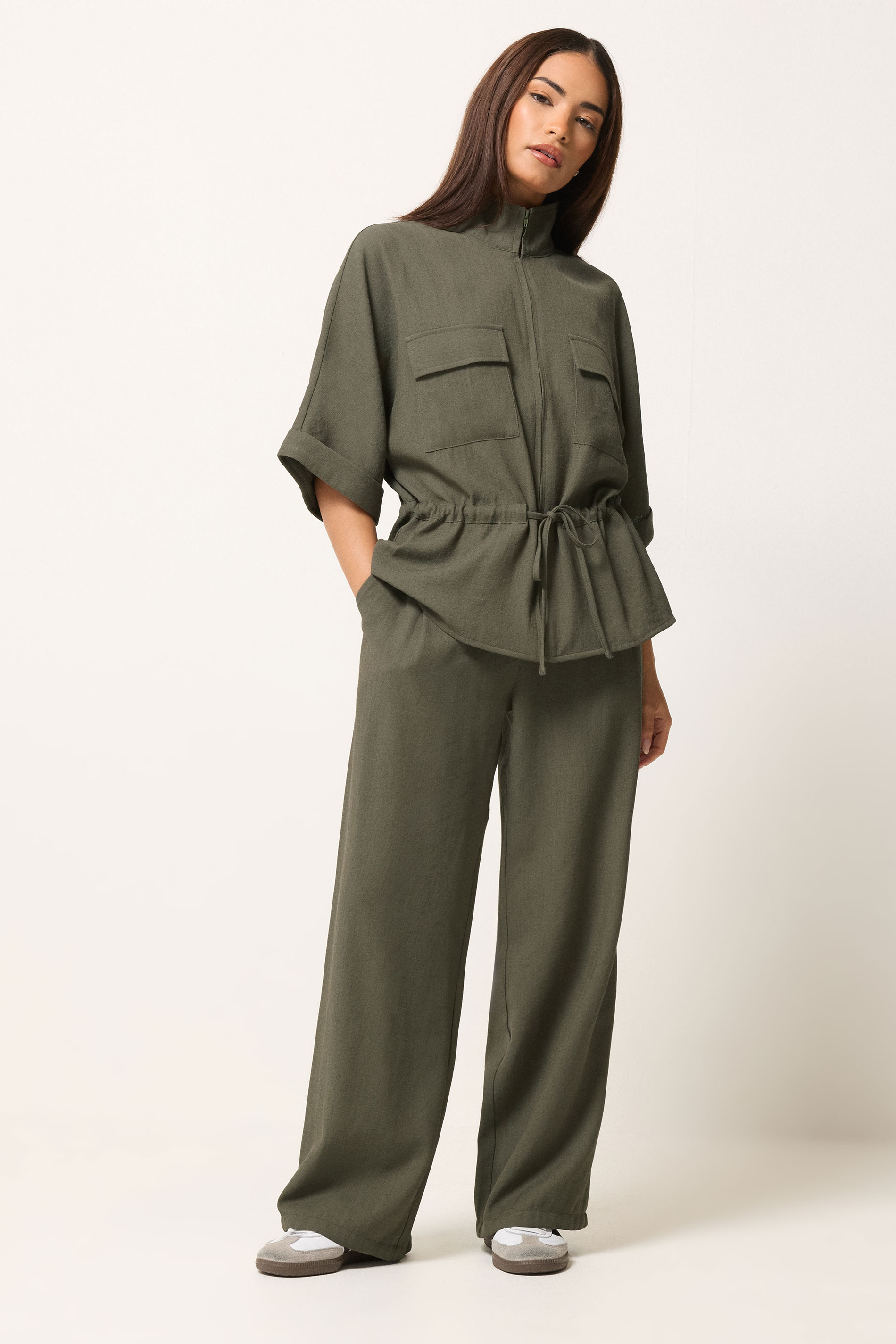 PixieGirl Petite Women's Khaki Green Funnel Neck Shacket | PixieGirl 1