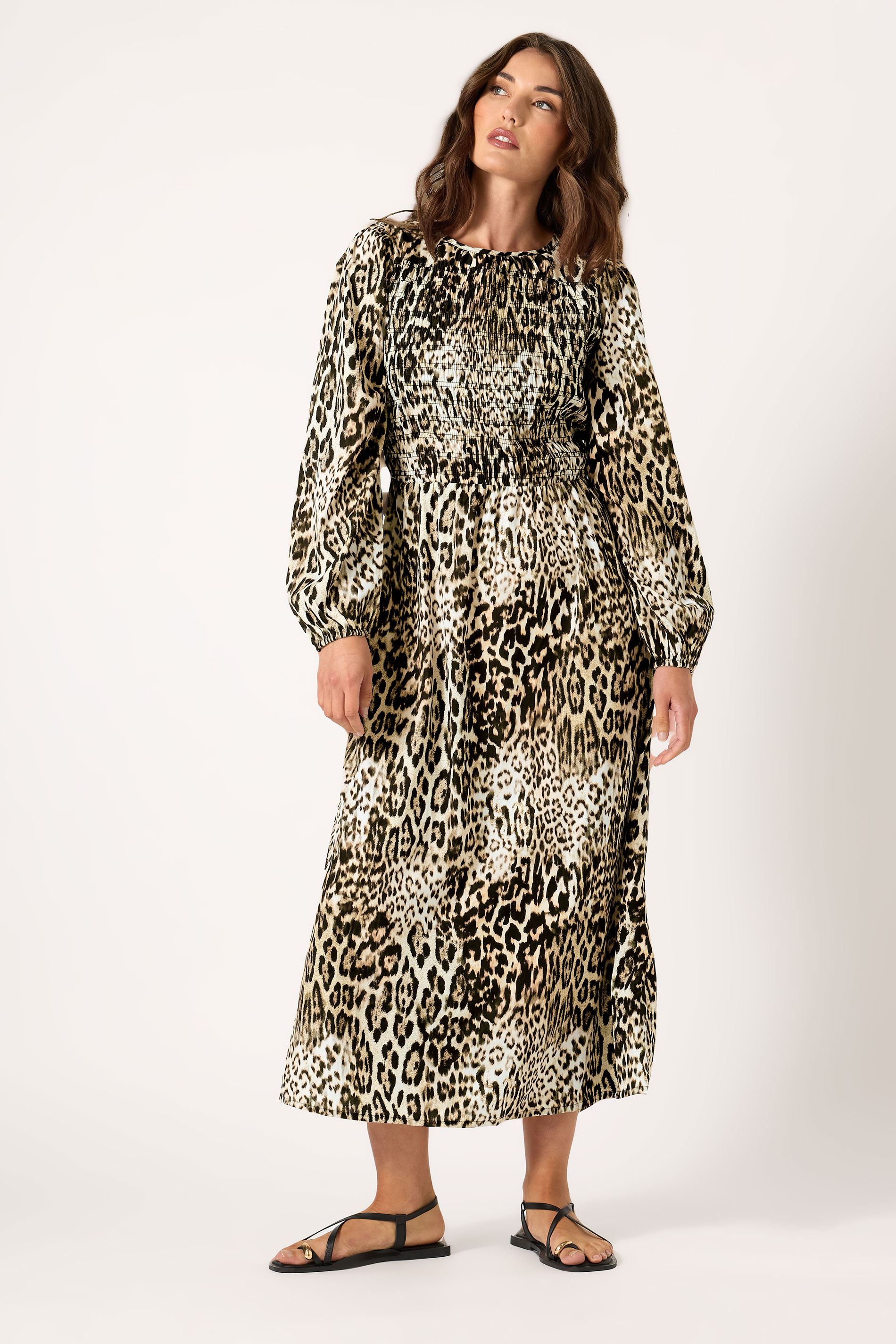 LTS Tall Natural Brown Animal Print Shirred Maxi Dress | Long Tall Sally 1