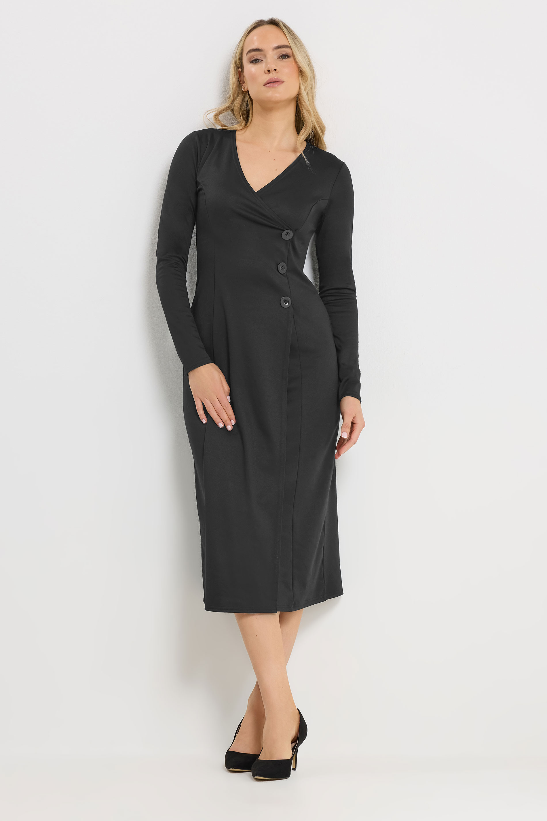 LTS Tall Women's Black Button Wrap Midi Dress | Long Tall Sally 3