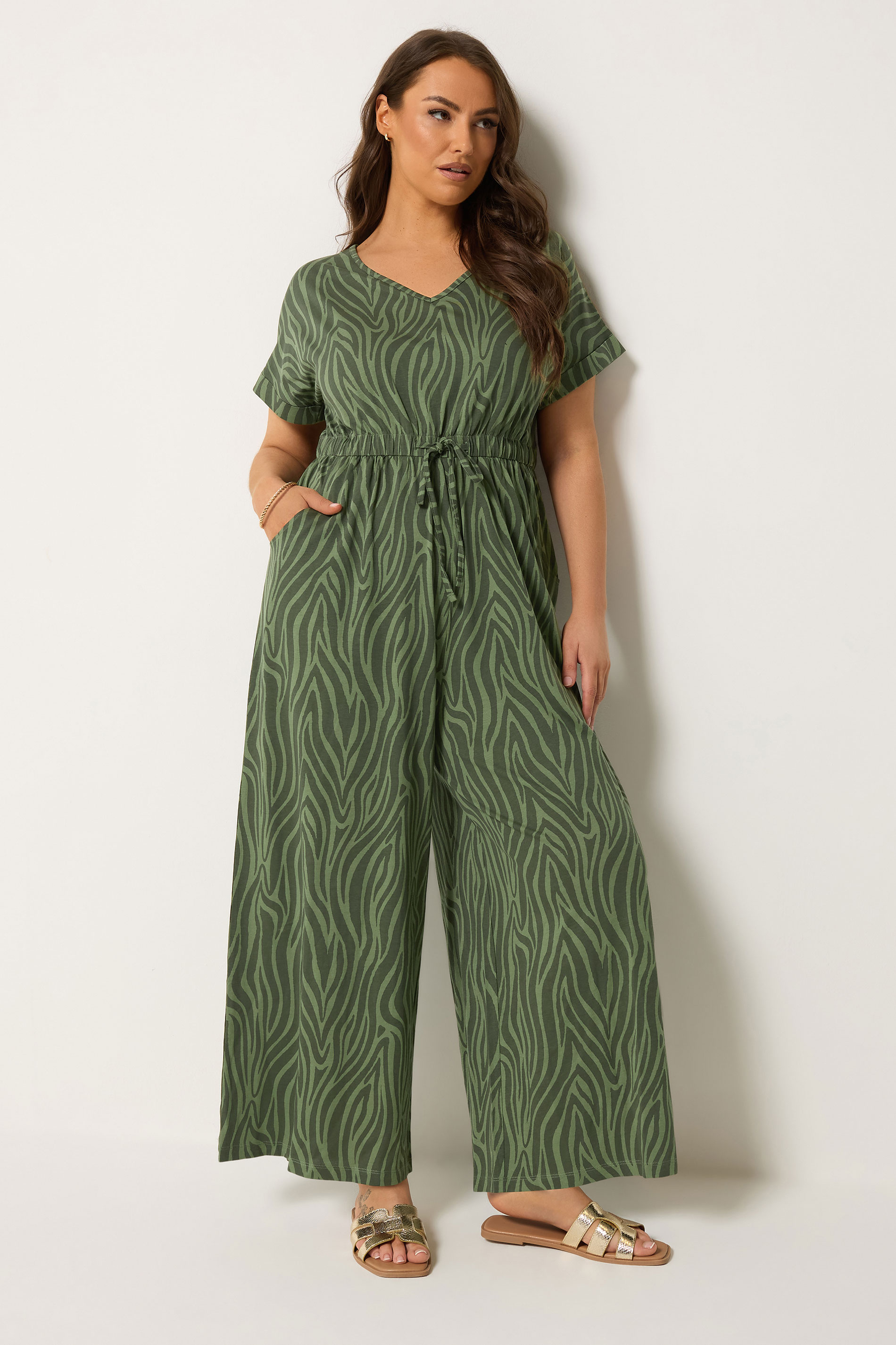 YOURS Plus Size Khaki Green Zebra Print Cotton Jumpsuit | Yours Clothing 1