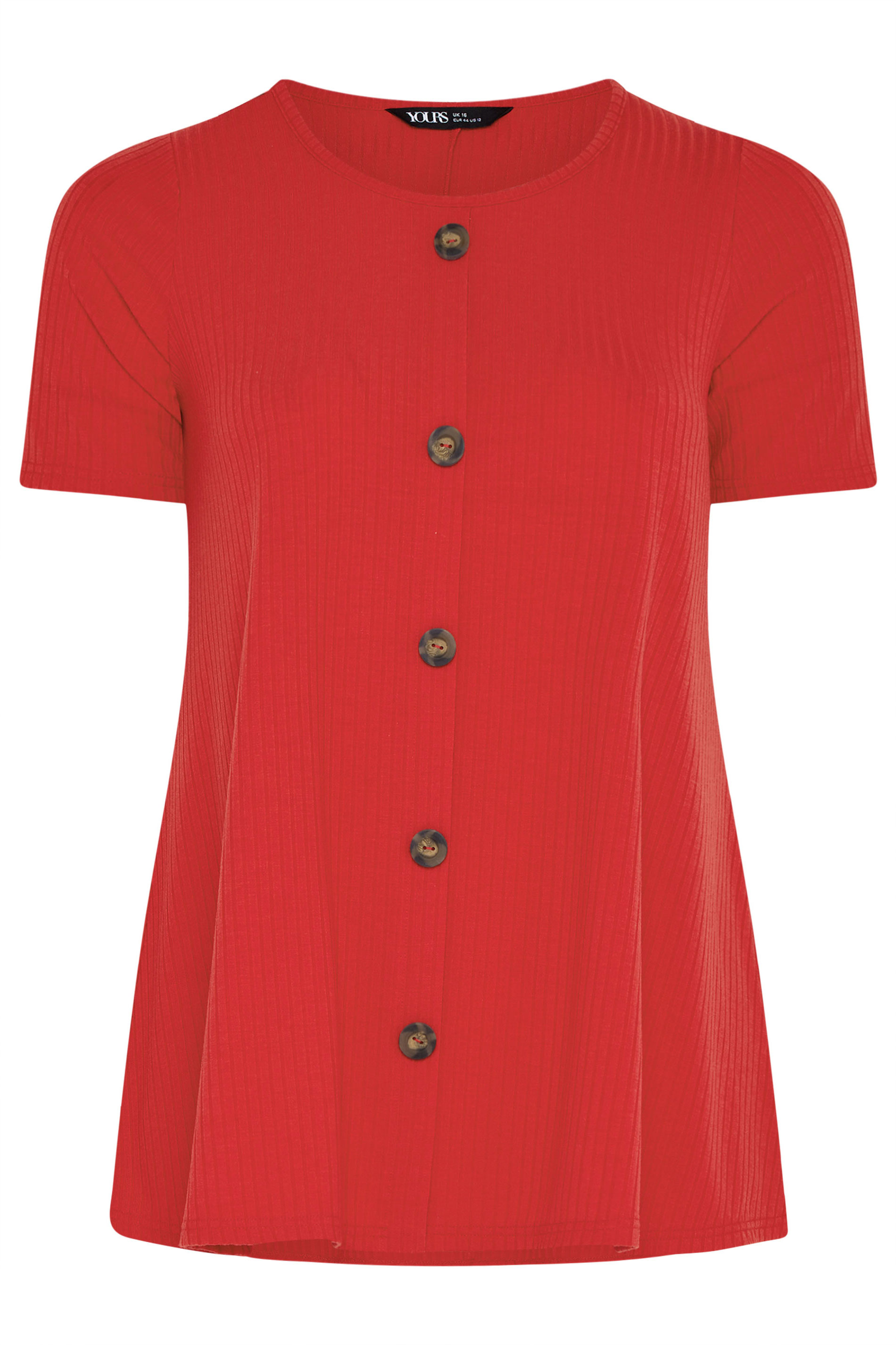 YOURS Plus Size Red Button Front Ribbed Swing Top | Yours Clothing 3