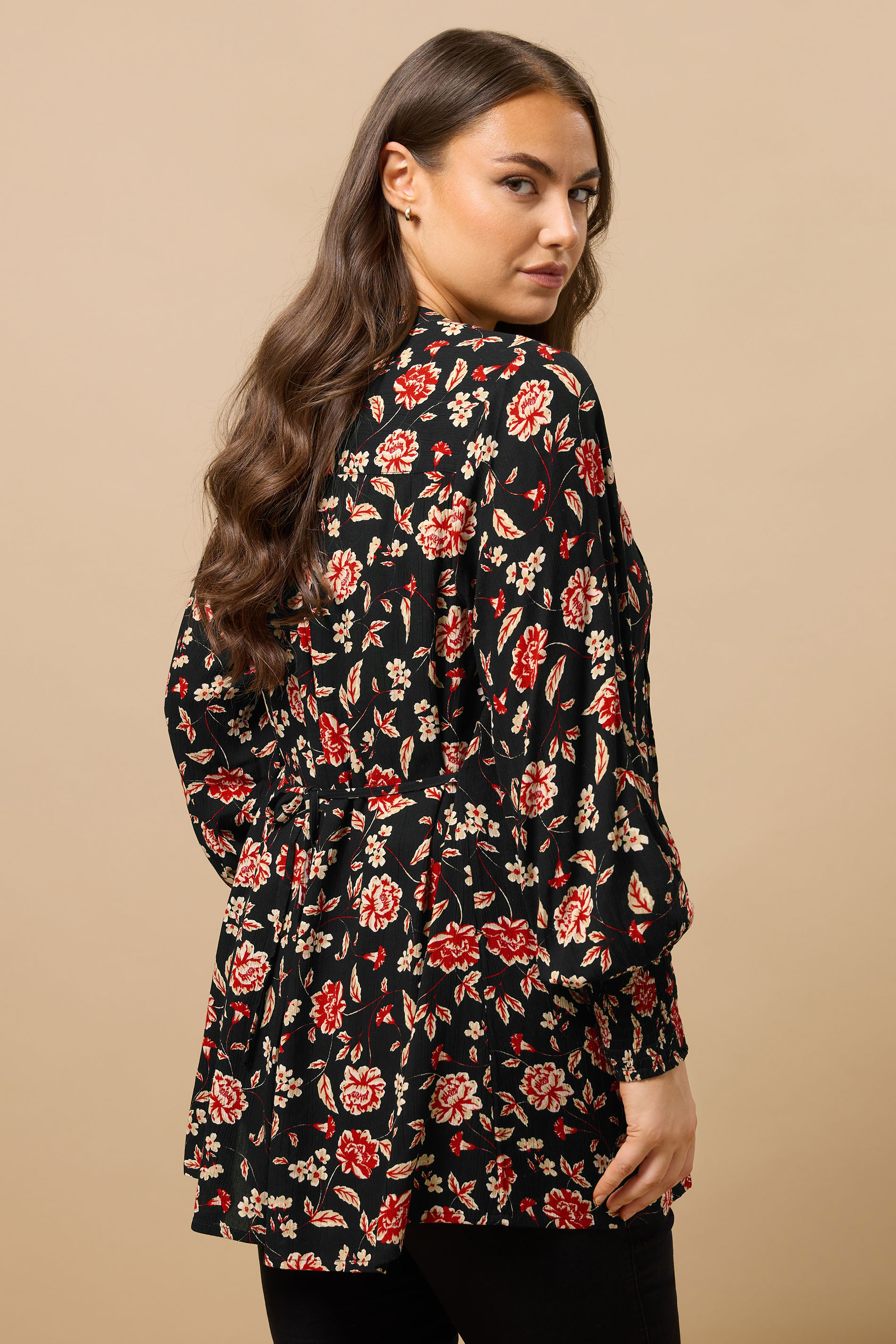 EVANS Plus Size Black & Red Floral Print Pintuck Blouse | Evans 2