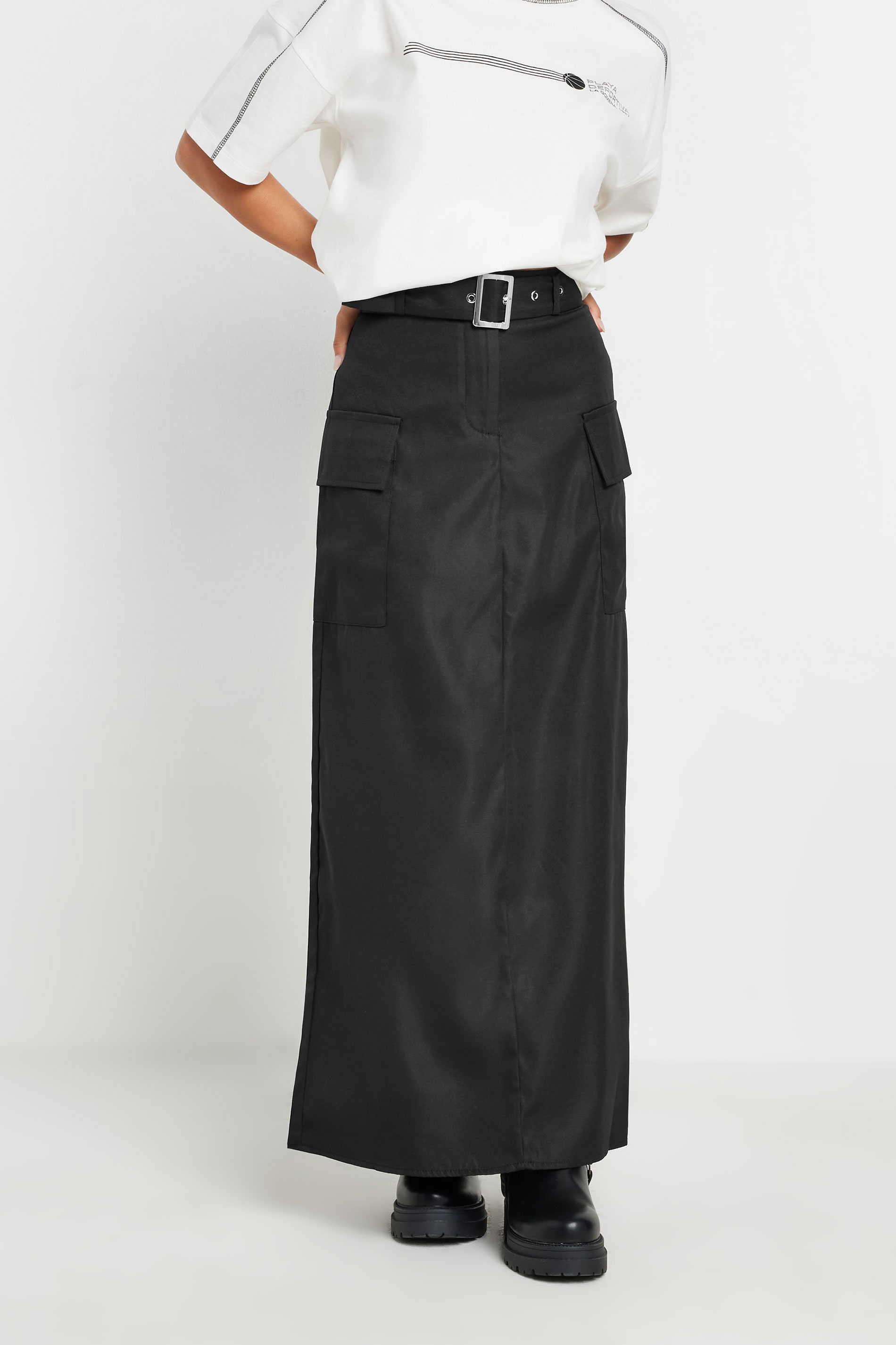 PixieGirl Petite Womens Black Belted Utility Maxi Skirt | PixieGirl 1